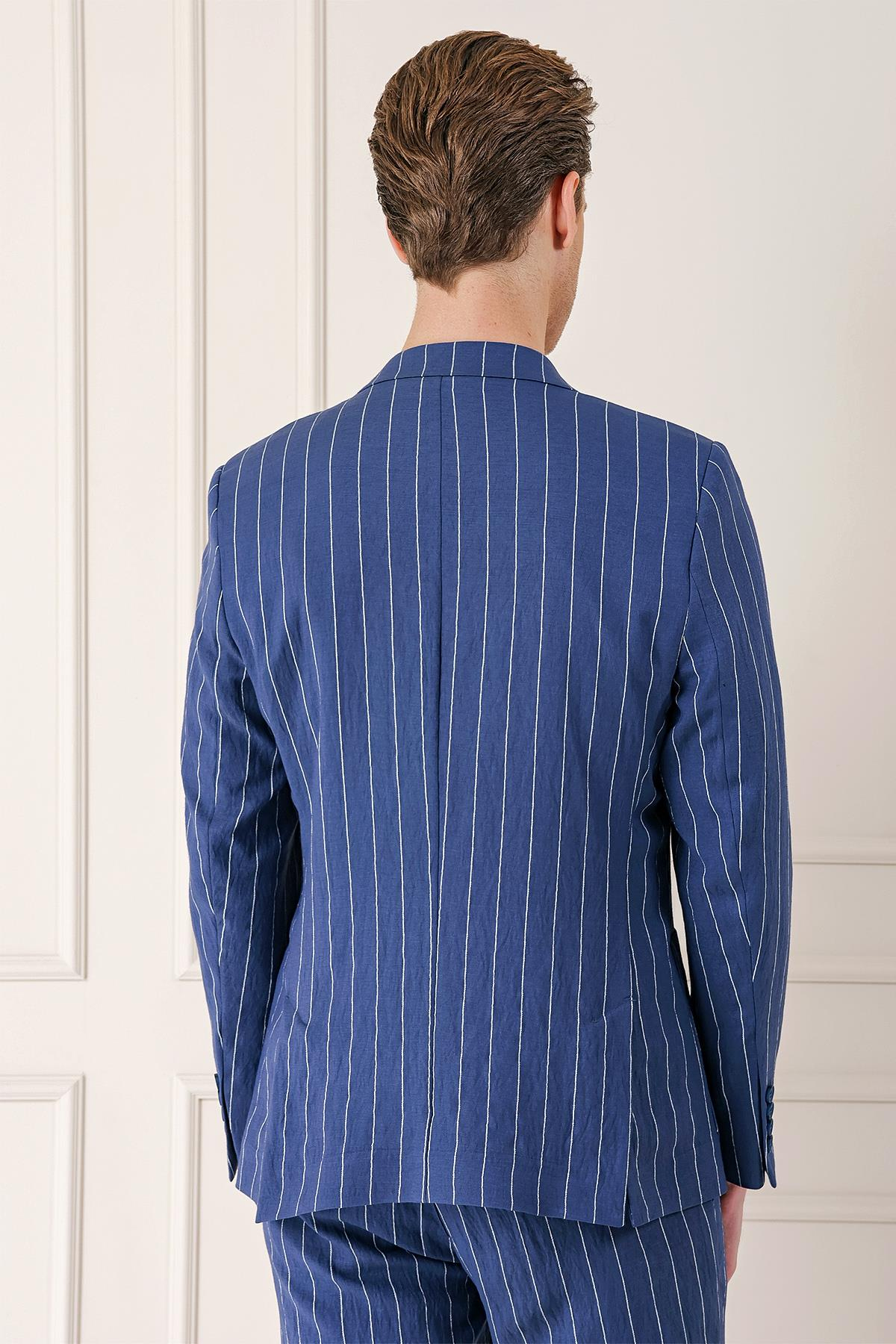Comfort Fit Çift Yırtmaç İtalyan Çizgili Keten Casual İndigo Ceket C 671