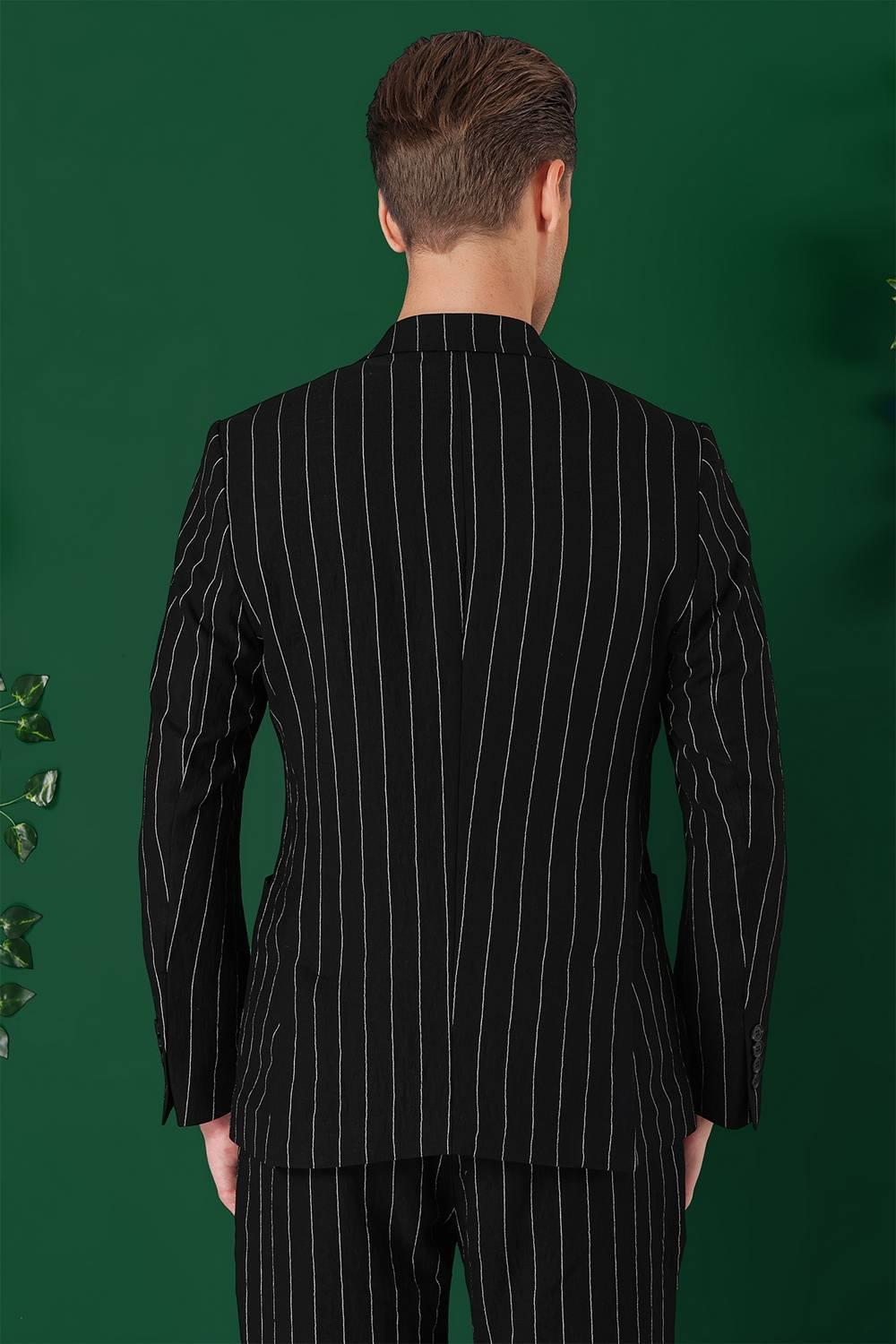 Comfort Fit Çift Yırtmaç İtalyan Çizgili Keten Casual Siyah Ceket C 671