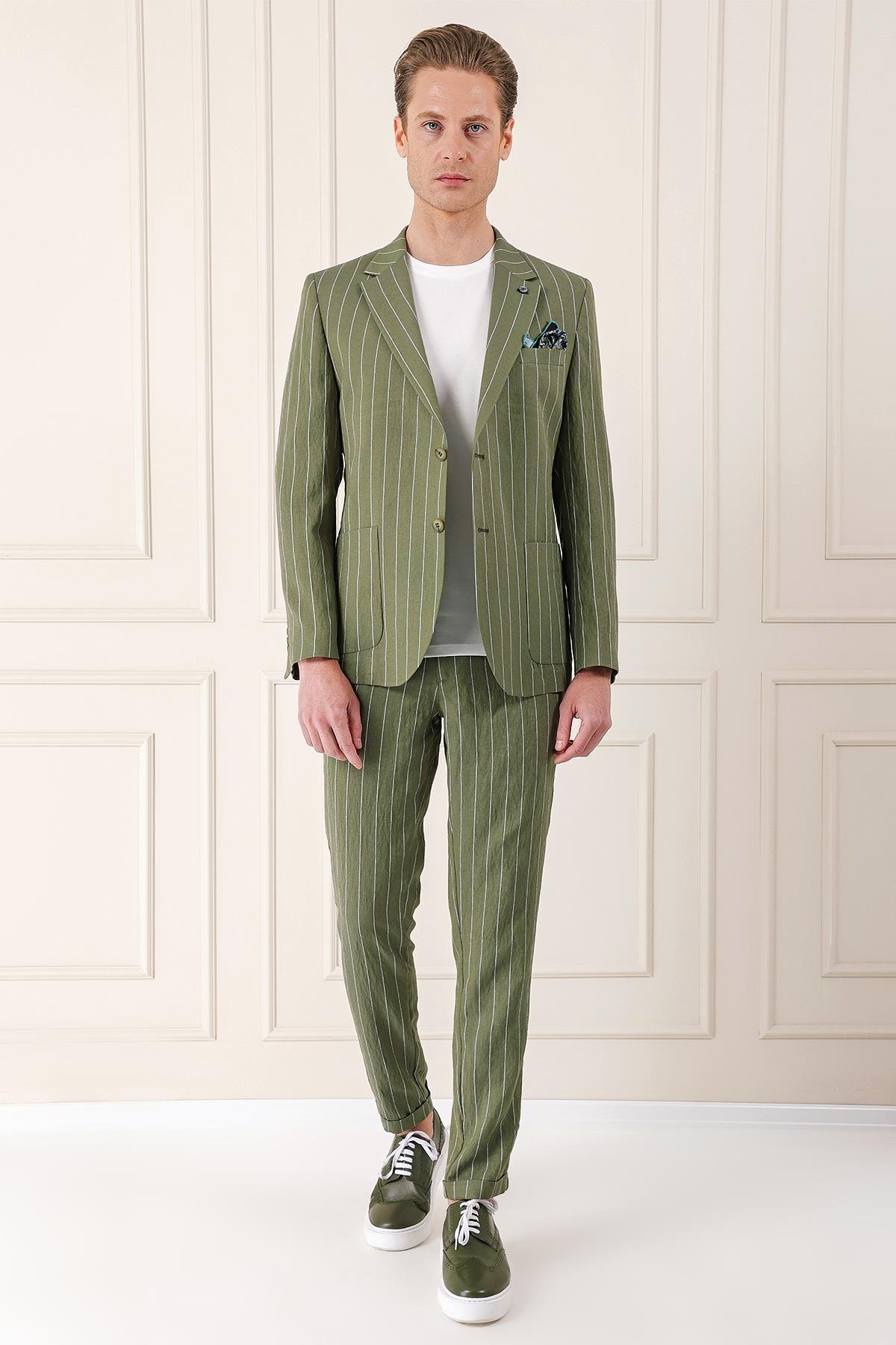 Comfort Fit Çift Yırtmaç İtalyan Çizgili Keten Casual Haki Ceket C 671