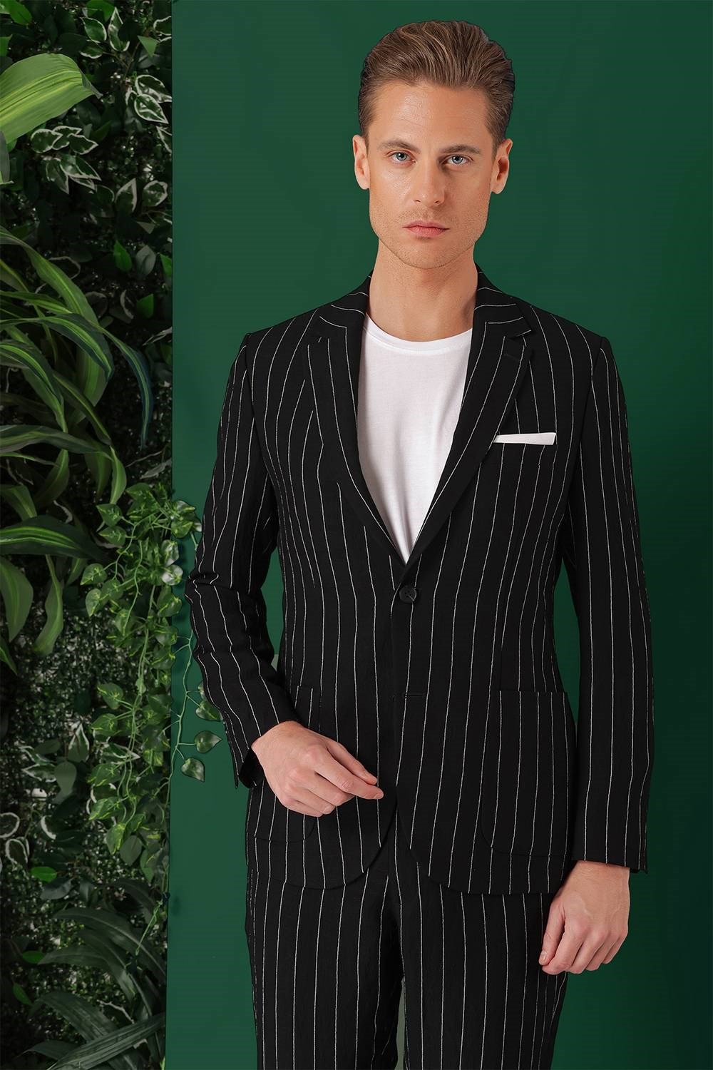 Comfort Fit Çift Yırtmaç İtalyan Çizgili Keten Casual Siyah Ceket C 671