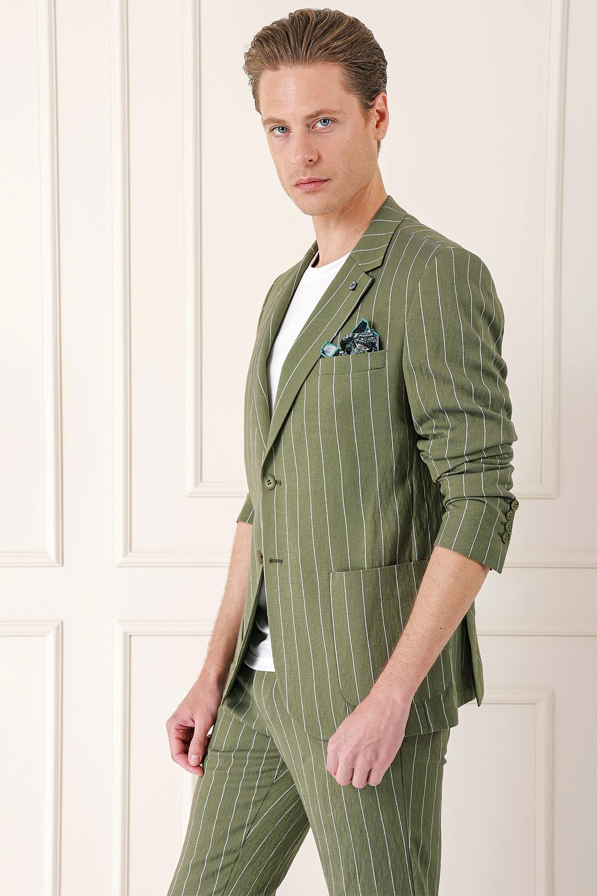 Comfort Fit Çift Yırtmaç İtalyan Çizgili Keten Casual Haki Ceket C 671