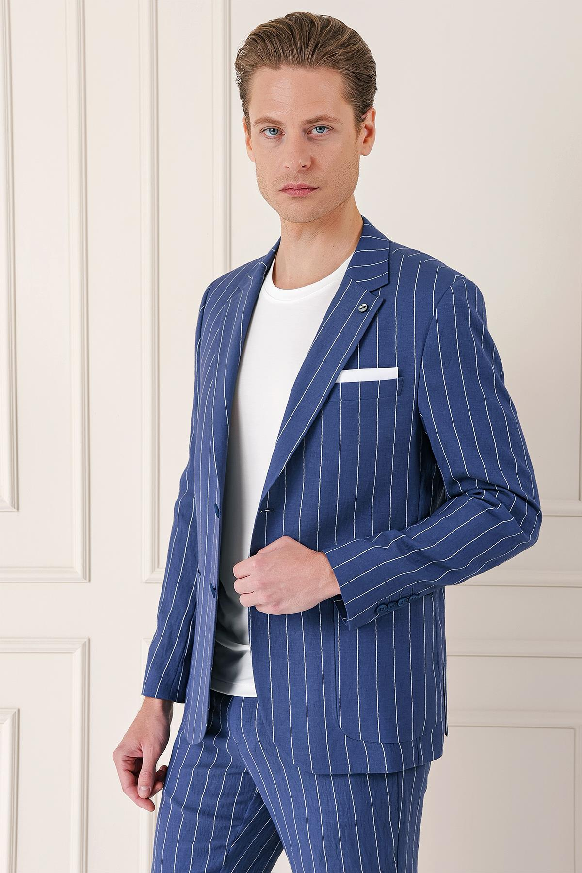 Comfort Fit Çift Yırtmaç İtalyan Çizgili Keten Casual İndigo Ceket C 671