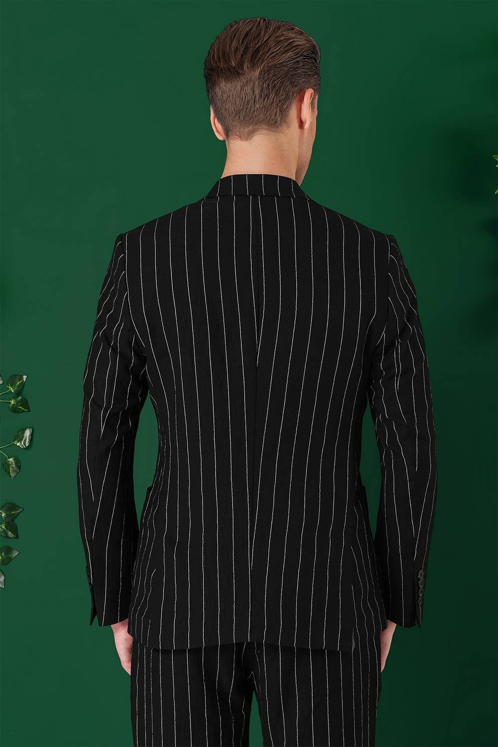 Comfort Fit Çift Yırtmaç İtalyan Çizgili Keten Casual Siyah Ceket C 671