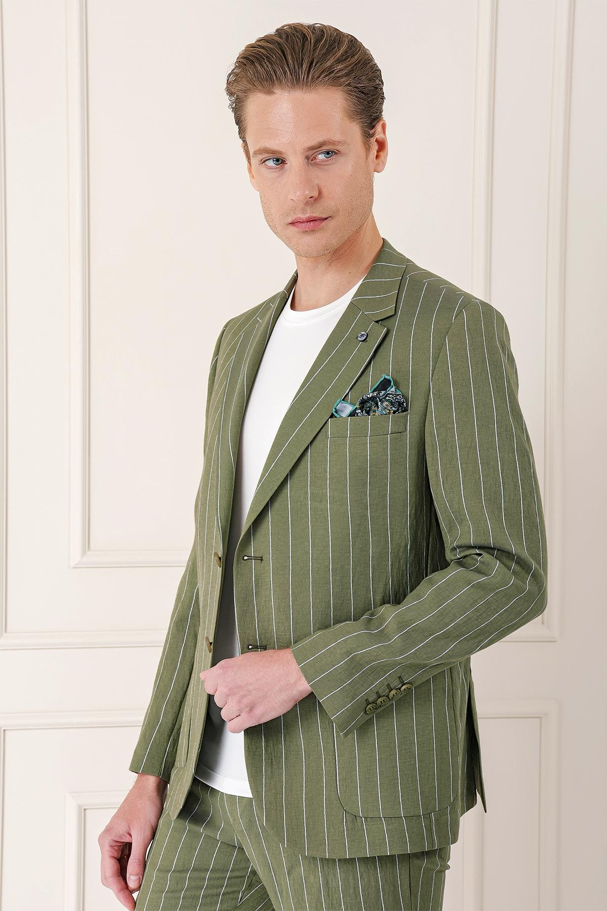 Comfort Fit Çift Yırtmaç İtalyan Çizgili Keten Casual Haki Ceket C 671