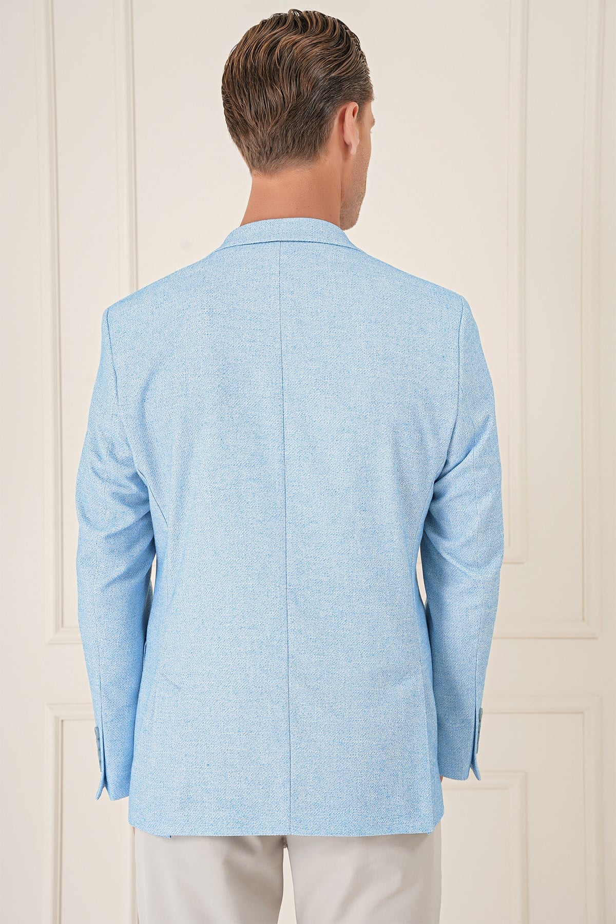 Comfort Fit Çift Yırtmaç Kırçıllı Keten Casual Mavi Ceket C 677