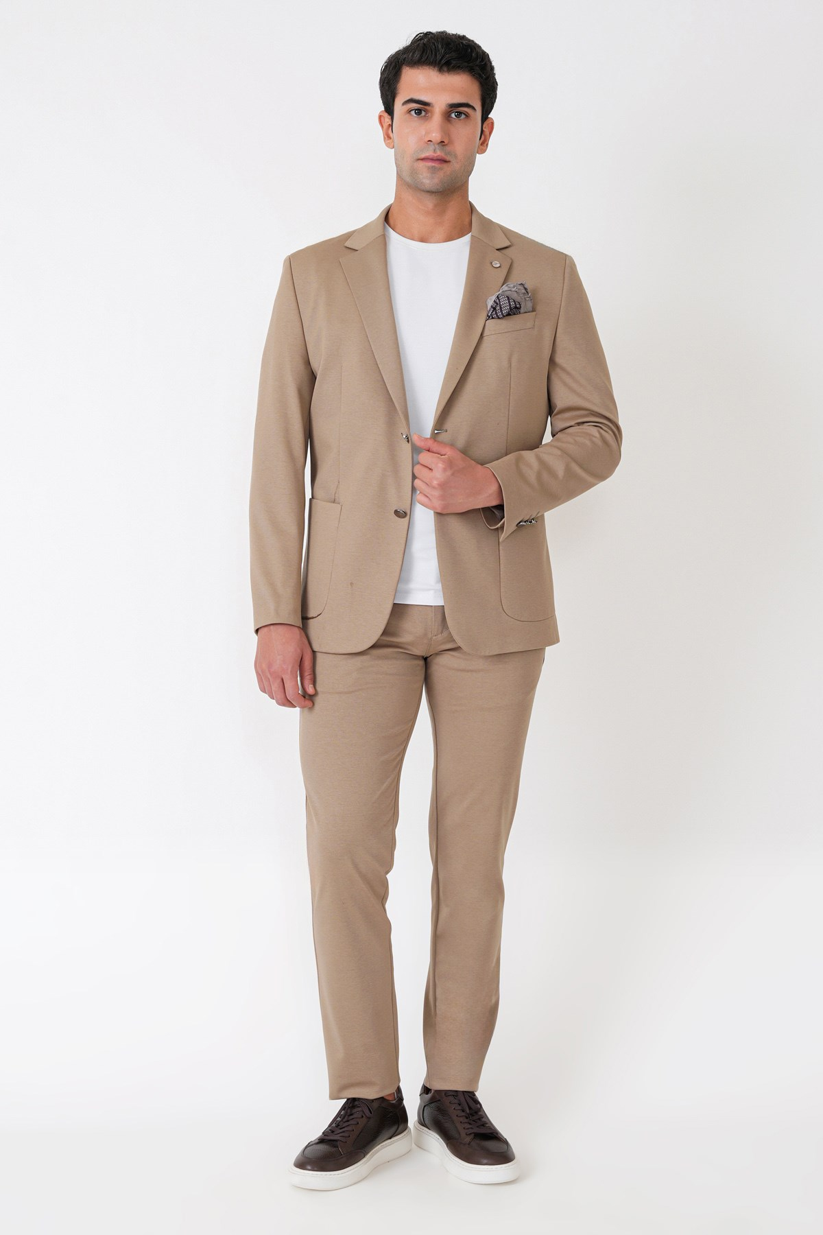 Comfort Fit Çift Yırtmaç Torba Cep Metal Düğmeli Koyu Bej Blazer Ceket C 734