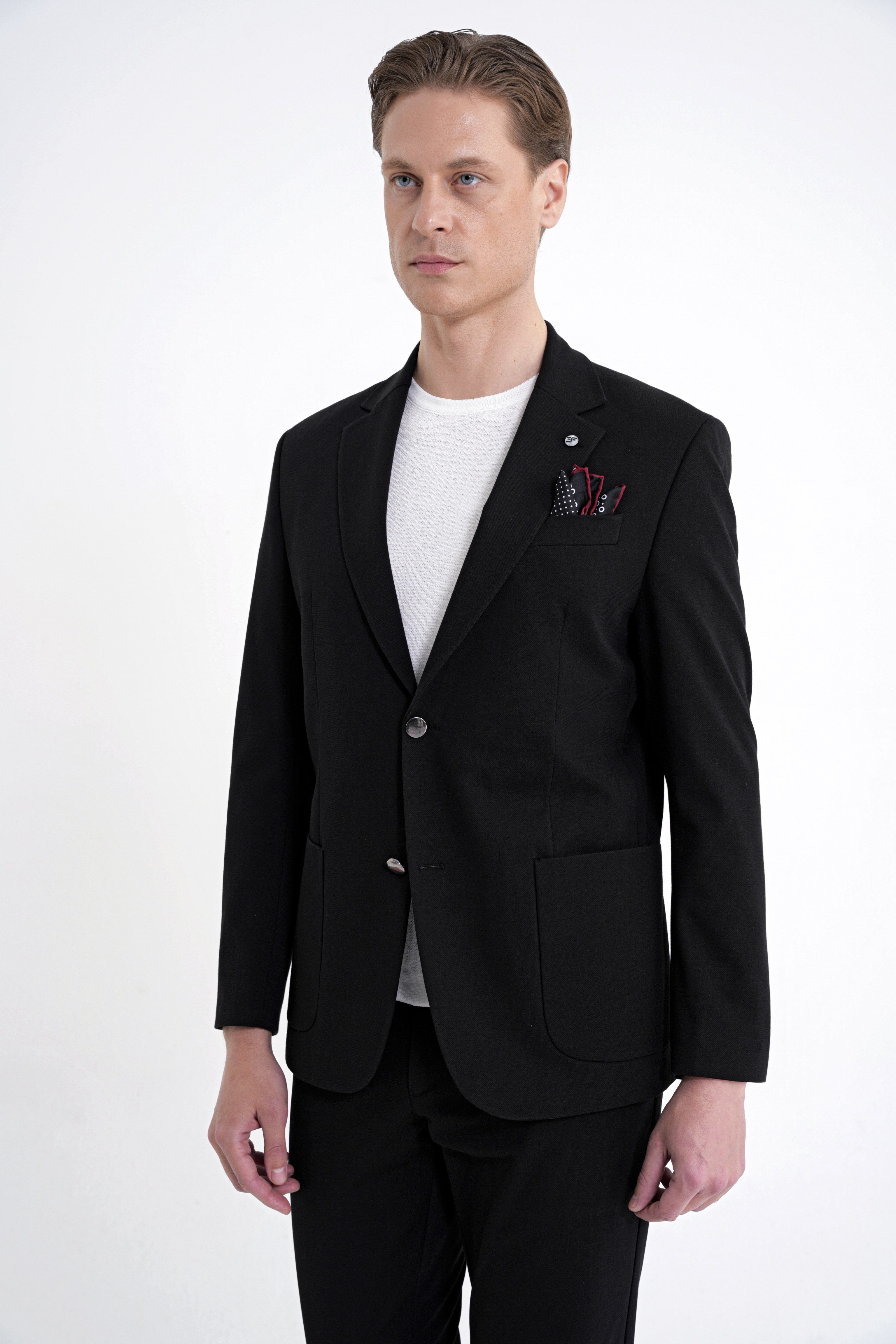 Comfort Fit Çift Yırtmaç Torba Cep Metal Düğmeli Siyah Blazer Ceket C 734