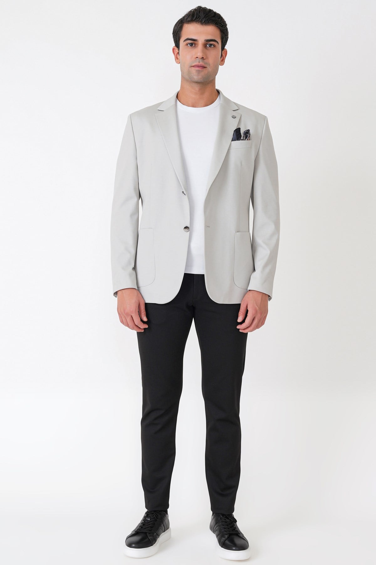 Comfort Fit Çift Yırtmaç Torba Cep Metal Düğmeli Gri Blazer Ceket C 734