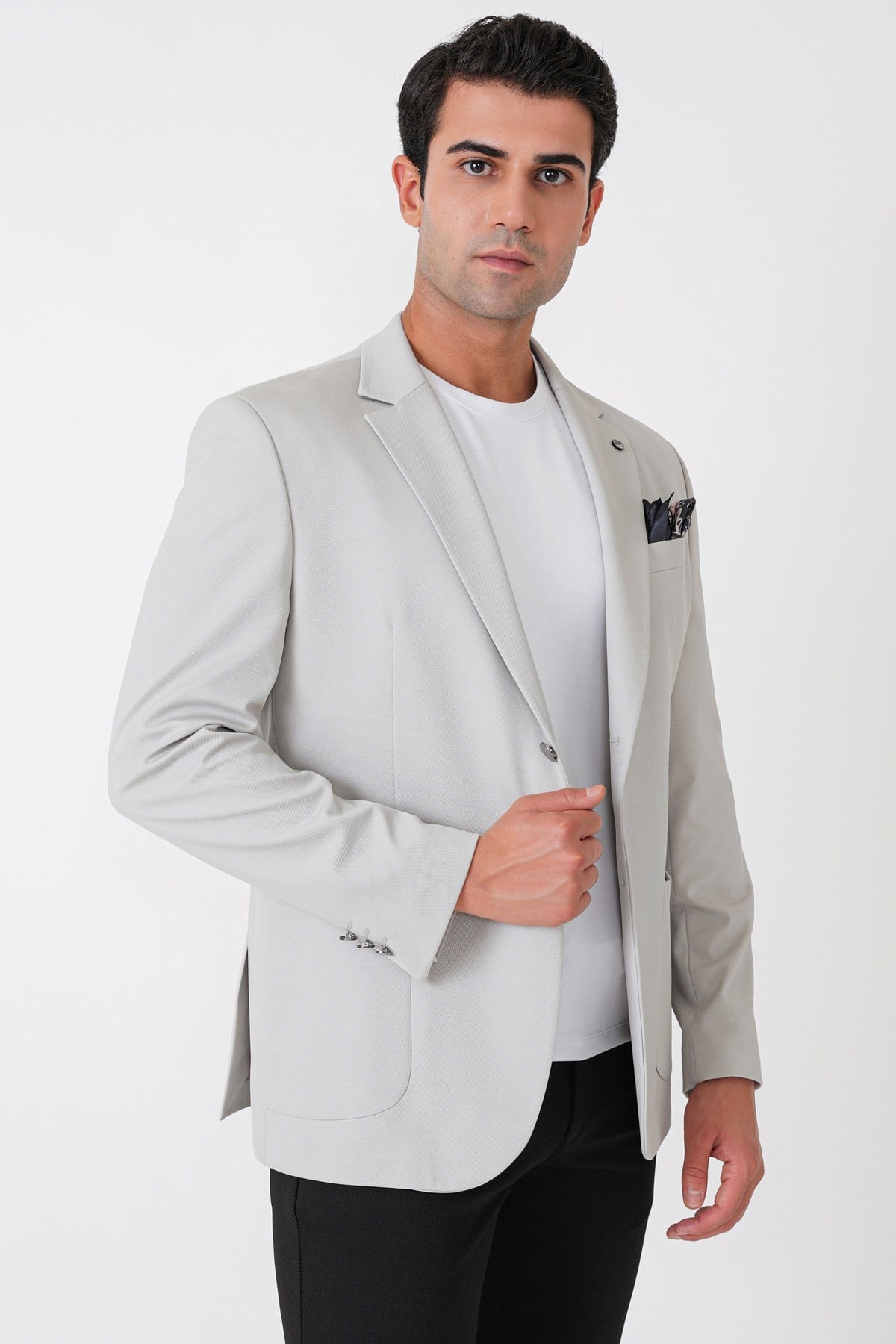 Comfort Fit Çift Yırtmaç Torba Cep Metal Düğmeli Gri Blazer Ceket C 734