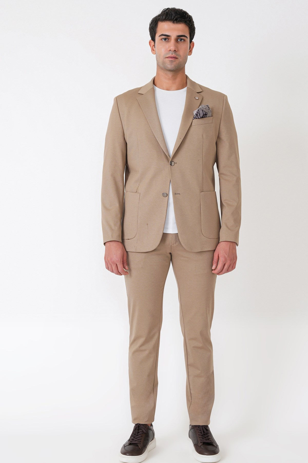 Comfort Fit Çift Yırtmaç Torba Cep Metal Düğmeli Koyu Bej Blazer Ceket C 734