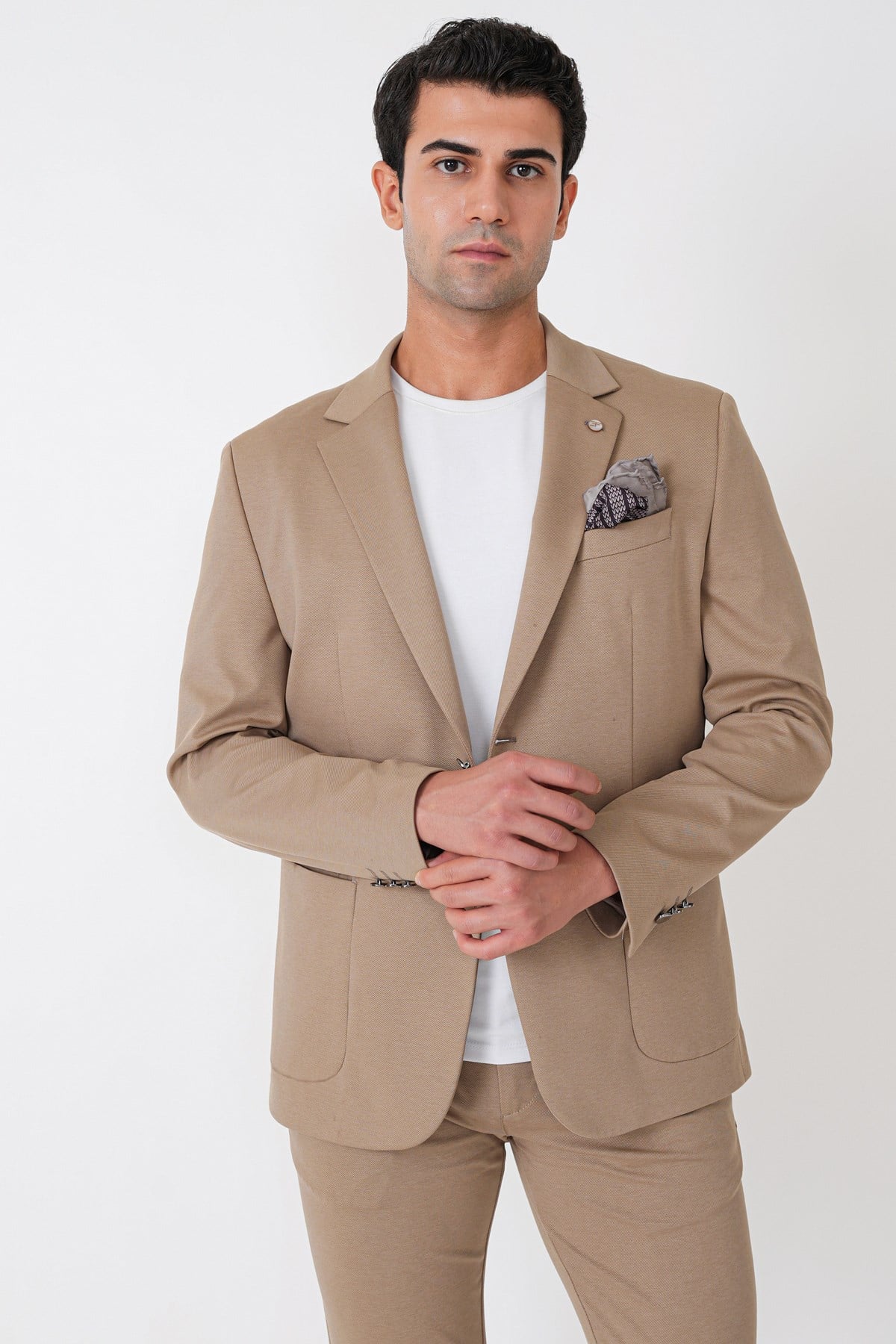 Comfort Fit Çift Yırtmaç Torba Cep Metal Düğmeli Koyu Bej Blazer Ceket C 734