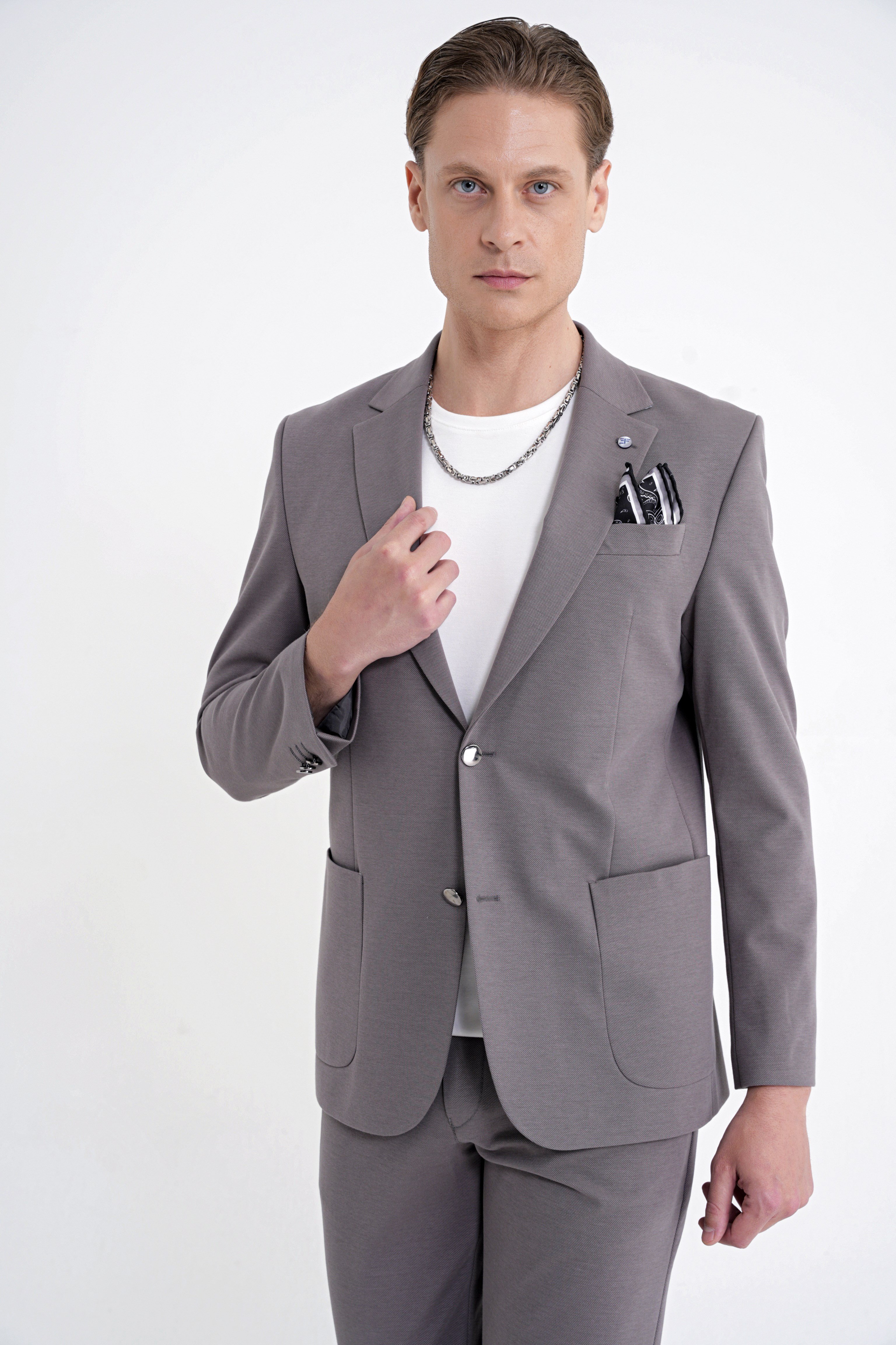 Comfort Fit Çift Yırtmaç Torba Cep Metal Düğmeli Vizon Blazer Ceket C 734