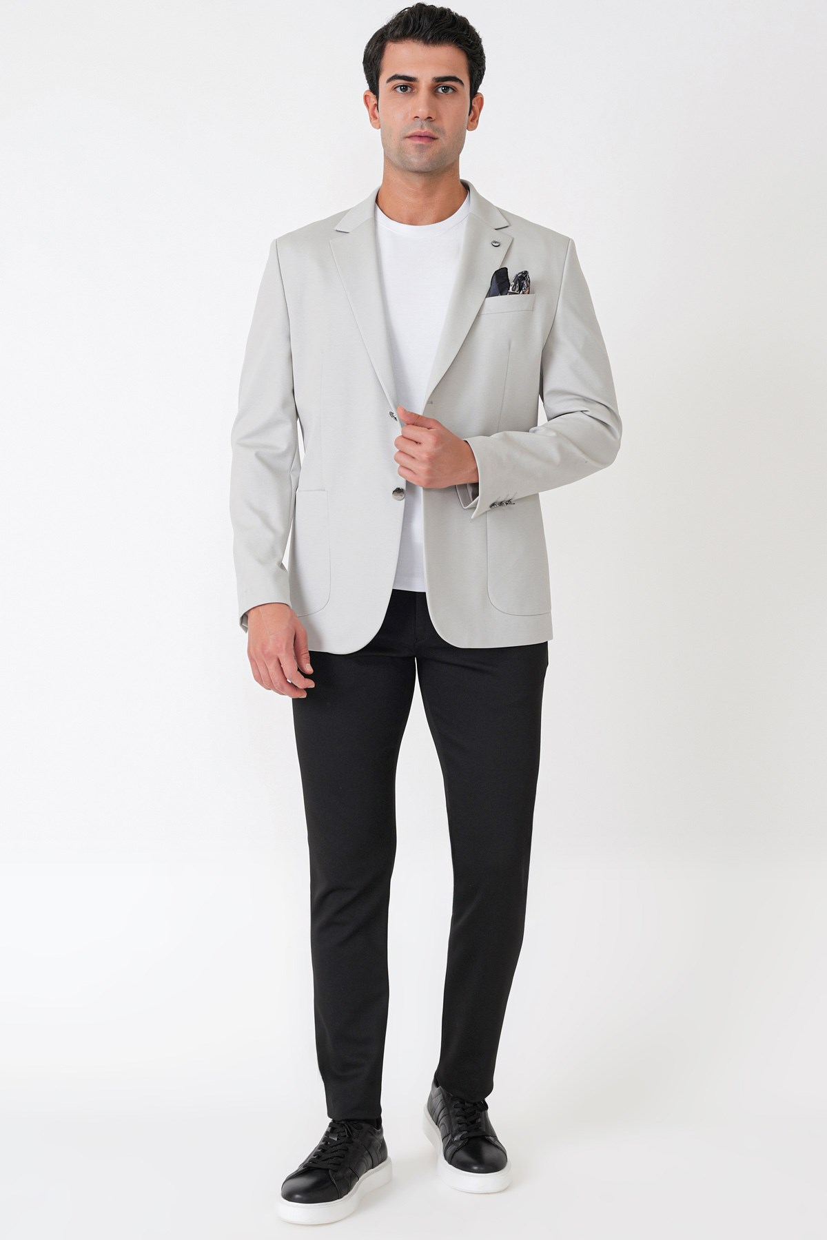 Comfort Fit Çift Yırtmaç Torba Cep Metal Düğmeli Gri Blazer Ceket C 734