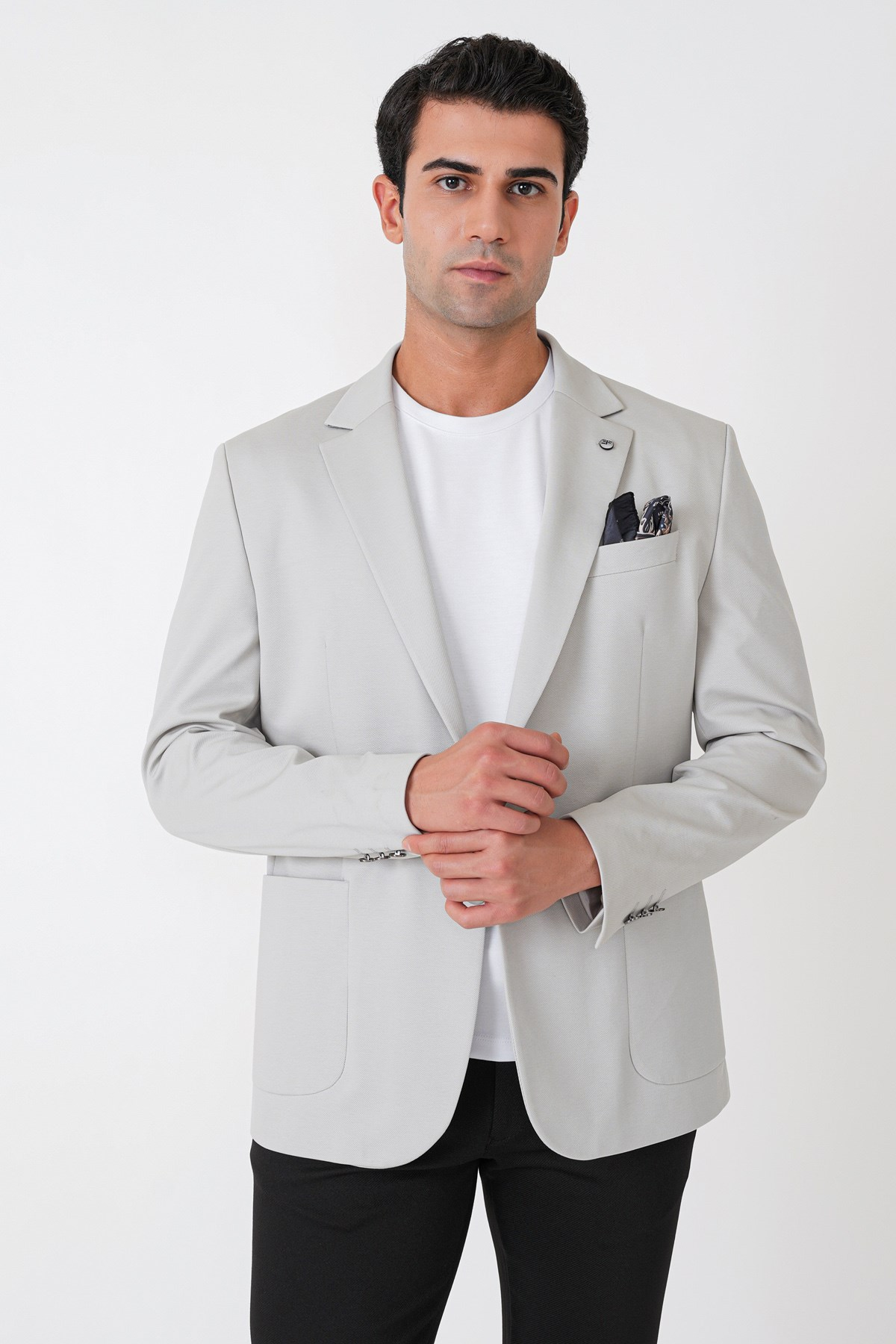 Comfort Fit Çift Yırtmaç Torba Cep Metal Düğmeli Gri Blazer Ceket C 734