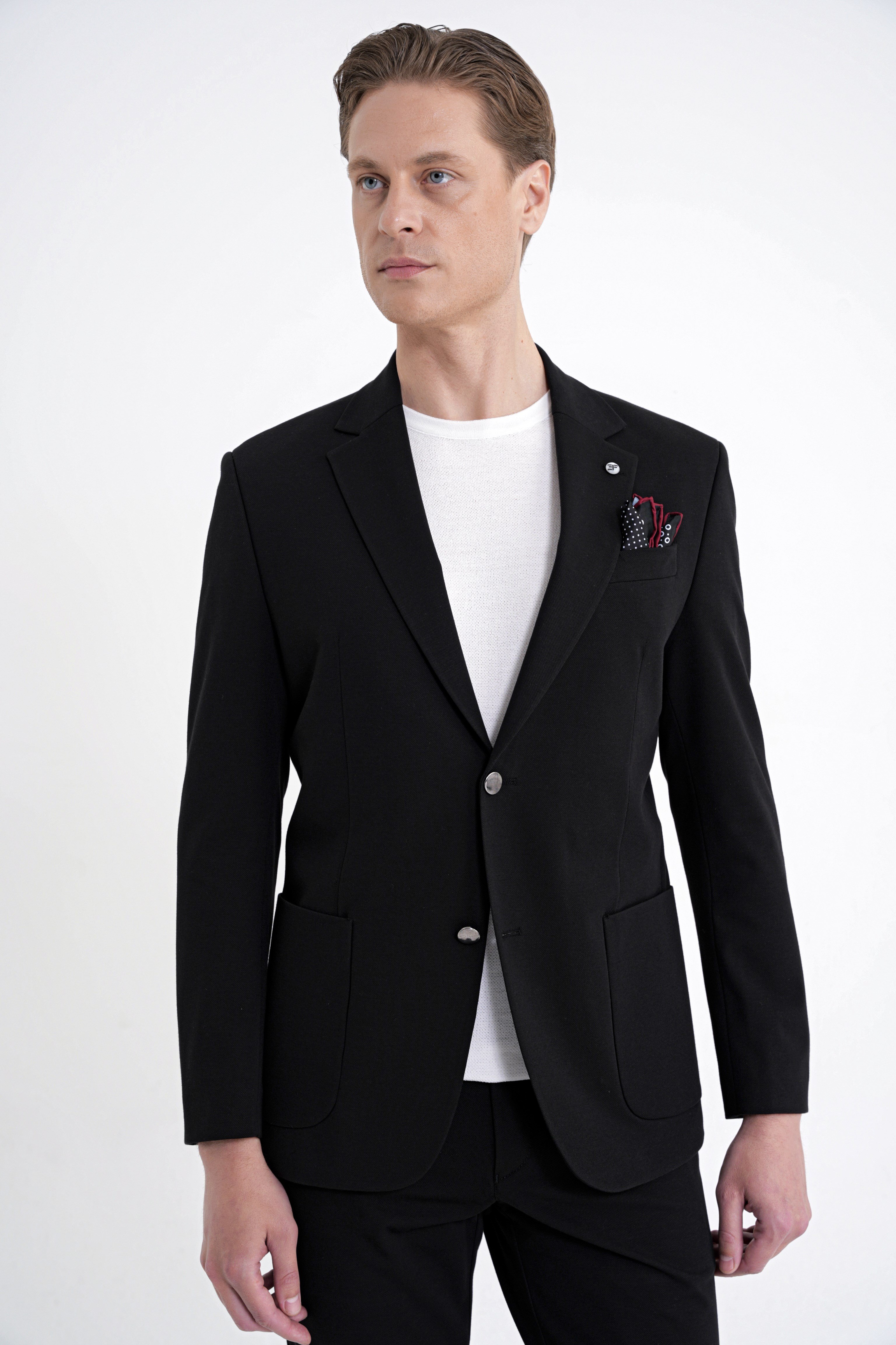 Comfort Fit Çift Yırtmaç Torba Cep Metal Düğmeli Siyah Blazer Ceket C 734