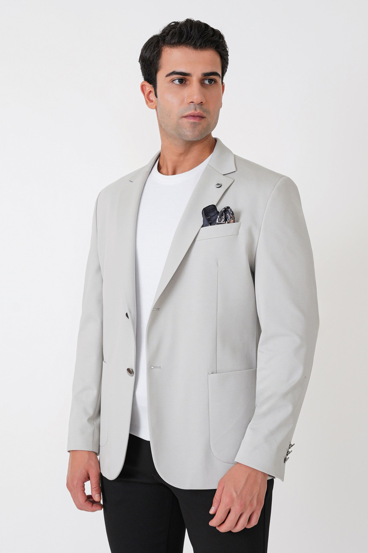 Comfort Fit Çift Yırtmaç Torba Cep Metal Düğmeli Gri Blazer Ceket C 734