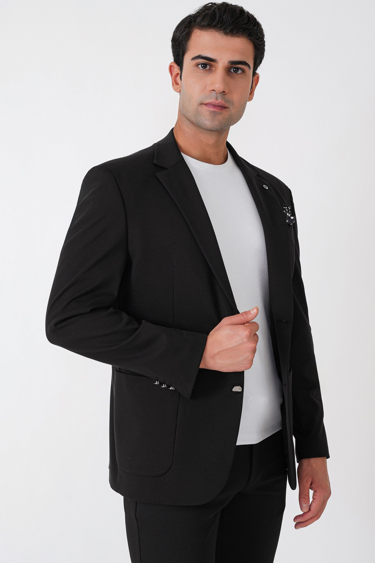 Comfort Fit Çift Yırtmaç Torba Cep Metal Düğmeli Siyah-1 Blazer Ceket C 734