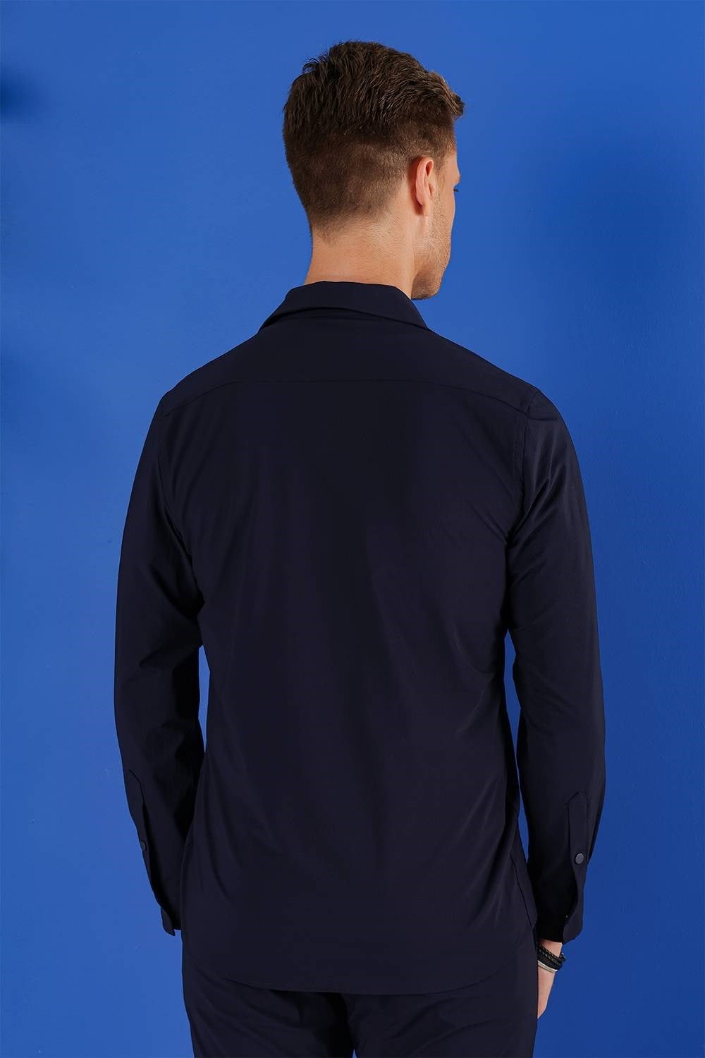 Comfort Fit Çizgi Dokulu Çıtçıtlı Esnek Pamuk Lacivert Gömlek Ceket G 1553