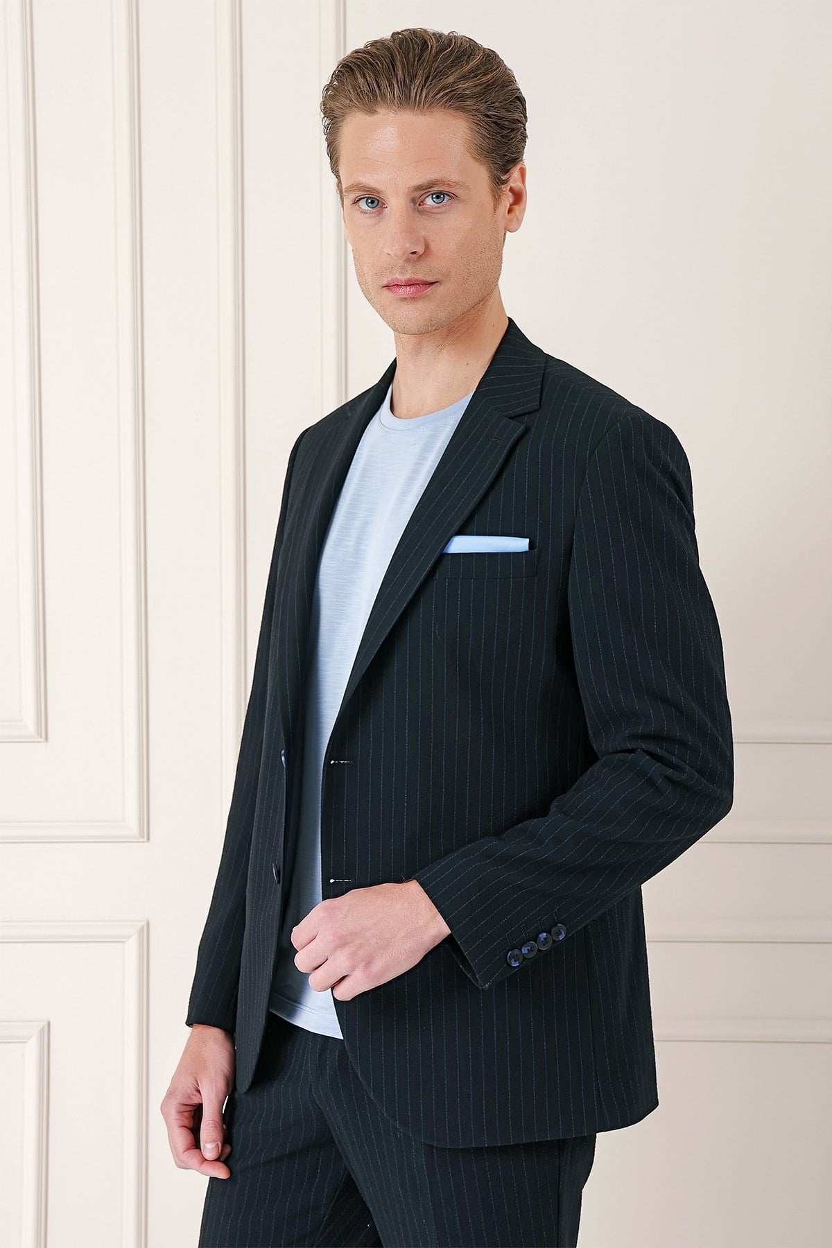 Comfort Fit Çizgili Esnek Pamuk Casual Siyah Ceket C 673