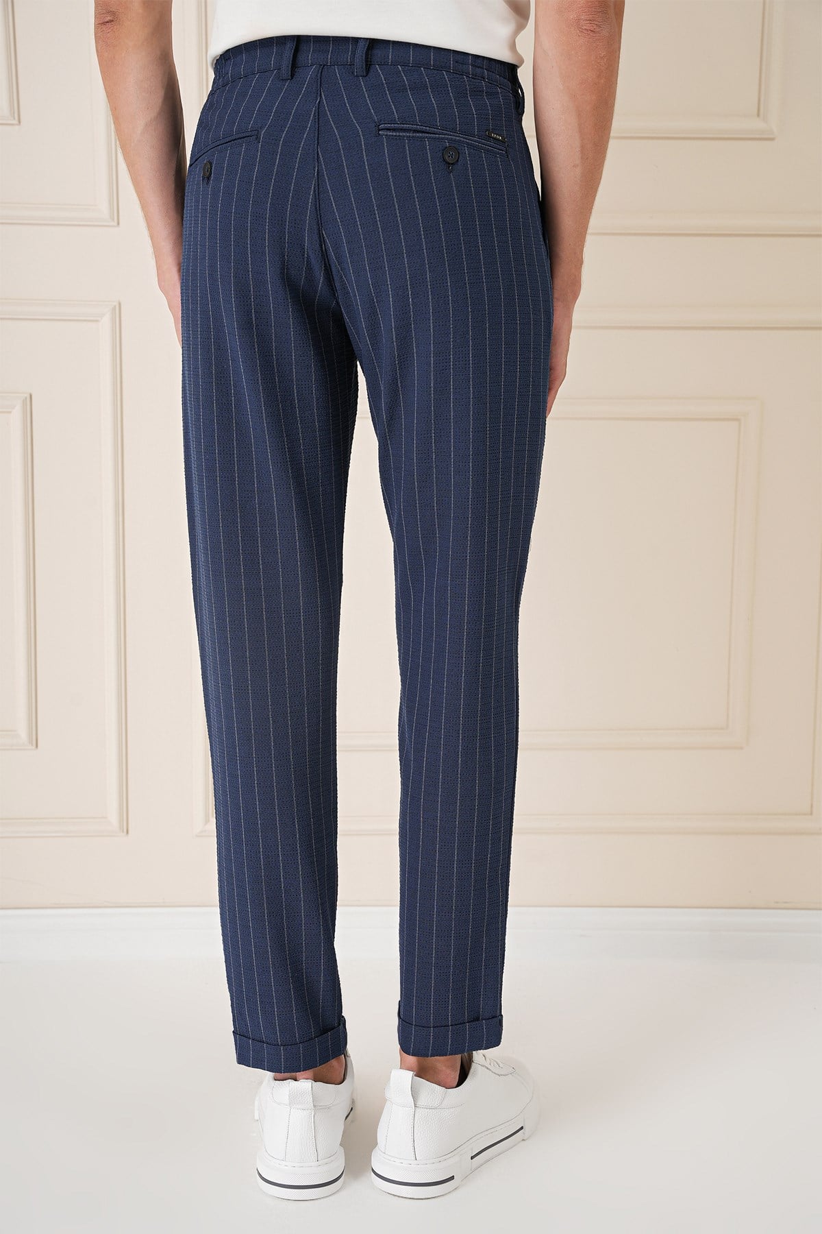 Comfort Fit Çizgili Gofre Kumaş Esnek Lacivert Pamuk Pantolon P 1157