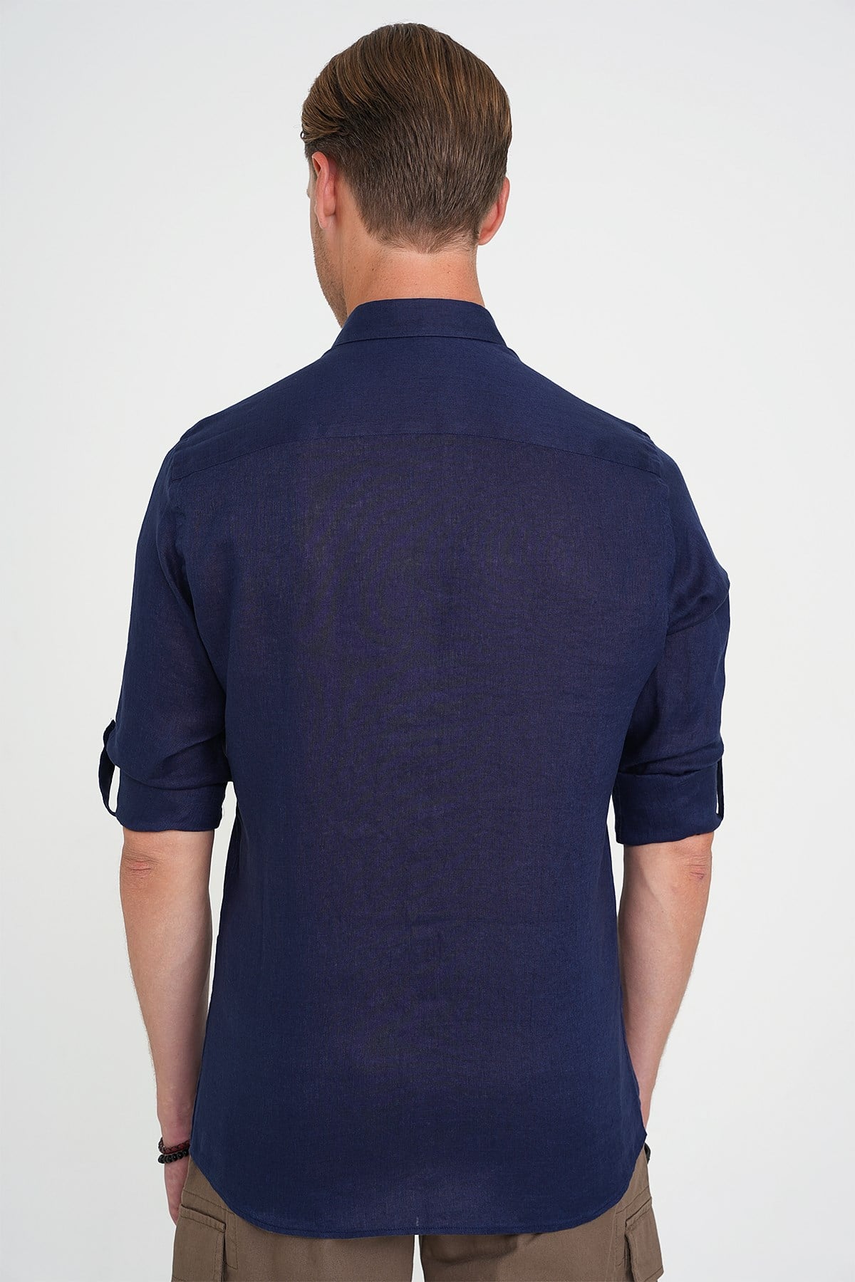 Comfort Fit Düğme Yaka Katlanır Kol %100 Keten Düz Lacivert Gömlek G 1595