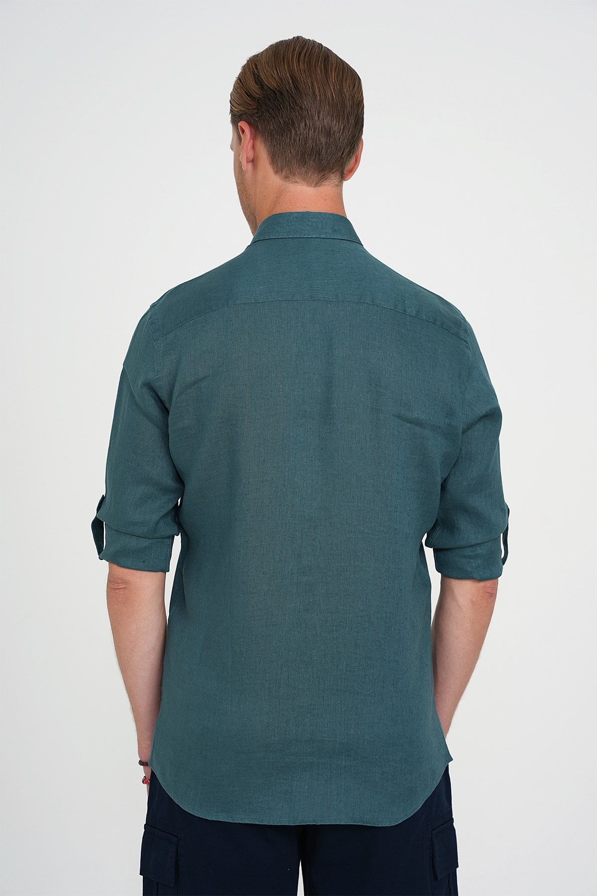 Comfort Fit Düğme Yaka Katlanır Kol %100 Keten Düz Nefti Gömlek G 1595