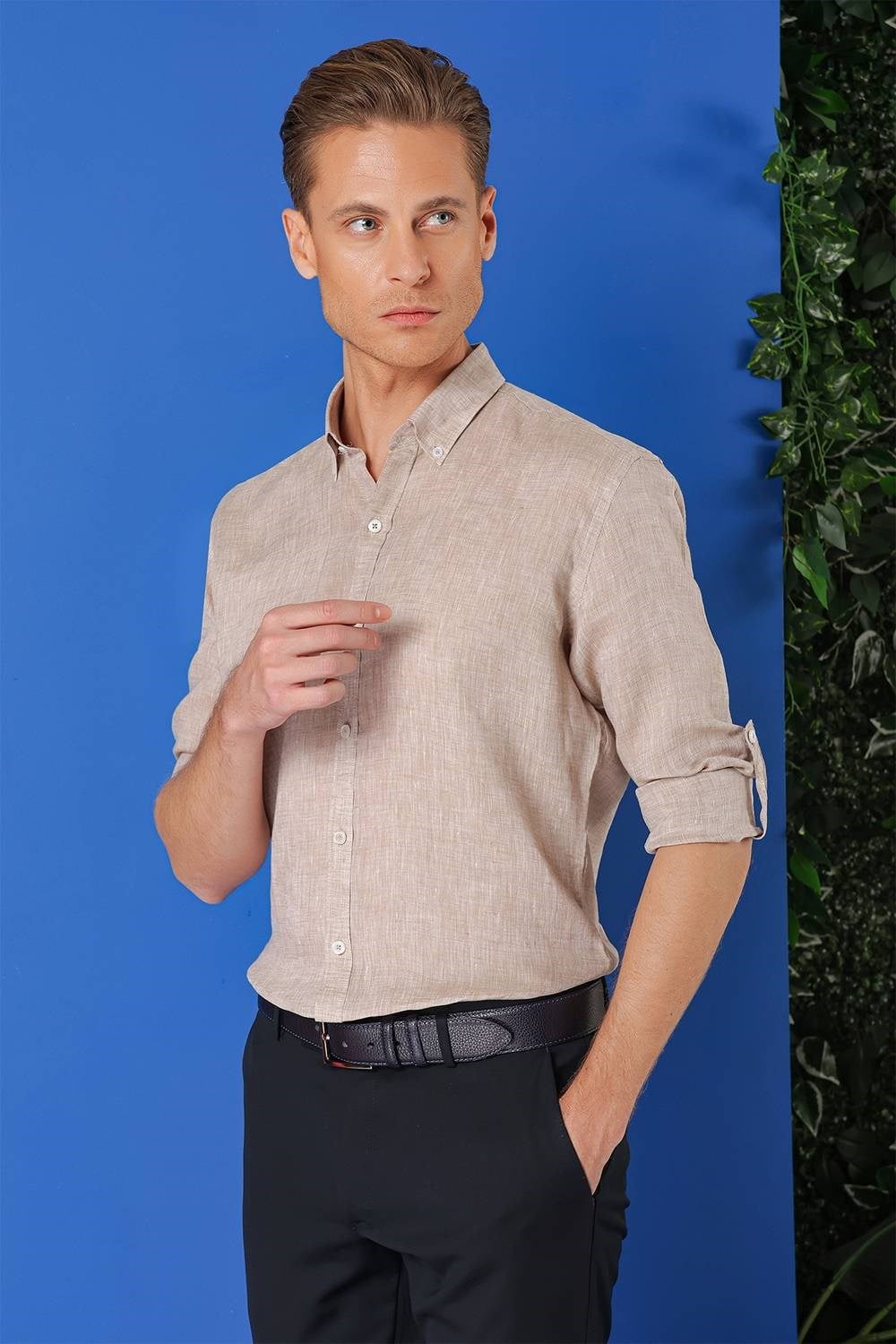 Comfort Fit Düğmeli Yaka %100 Keten Apoletli Casual Bej Gömlek G 1564