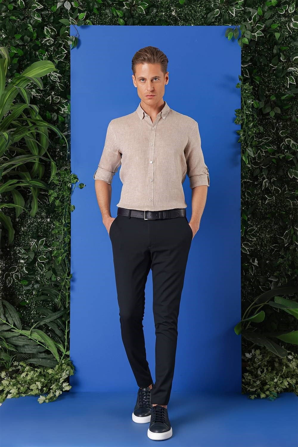 Comfort Fit Düğmeli Yaka %100 Keten Apoletli Casual Bej Gömlek G 1564