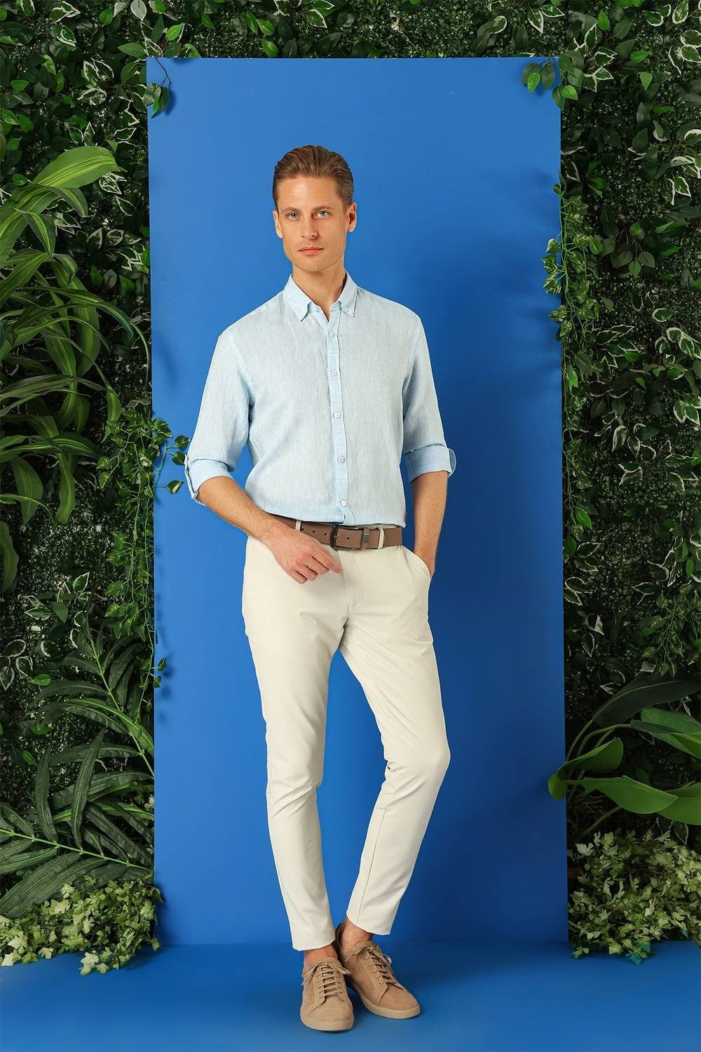 Comfort Fit Düğmeli Yaka %100 Keten Apoletli Casual Mavi Gömlek G 1564