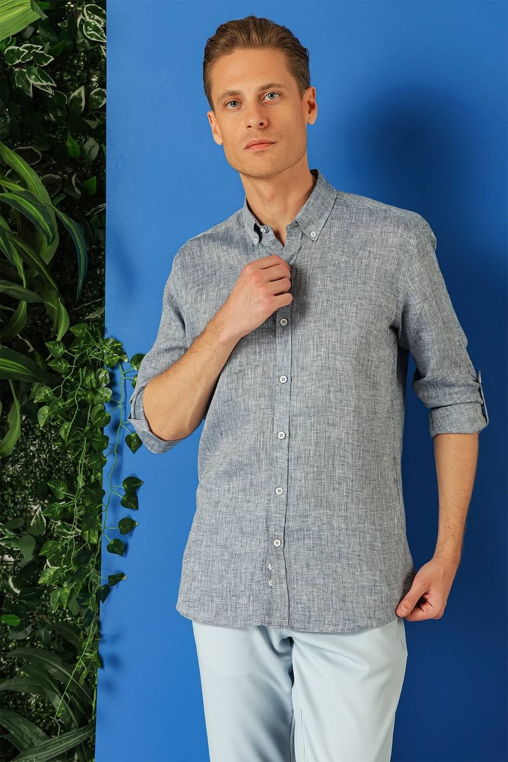 Comfort Fit Düğmeli Yaka %100 Keten Apoletli Casual Lacivert Gömlek G 1564