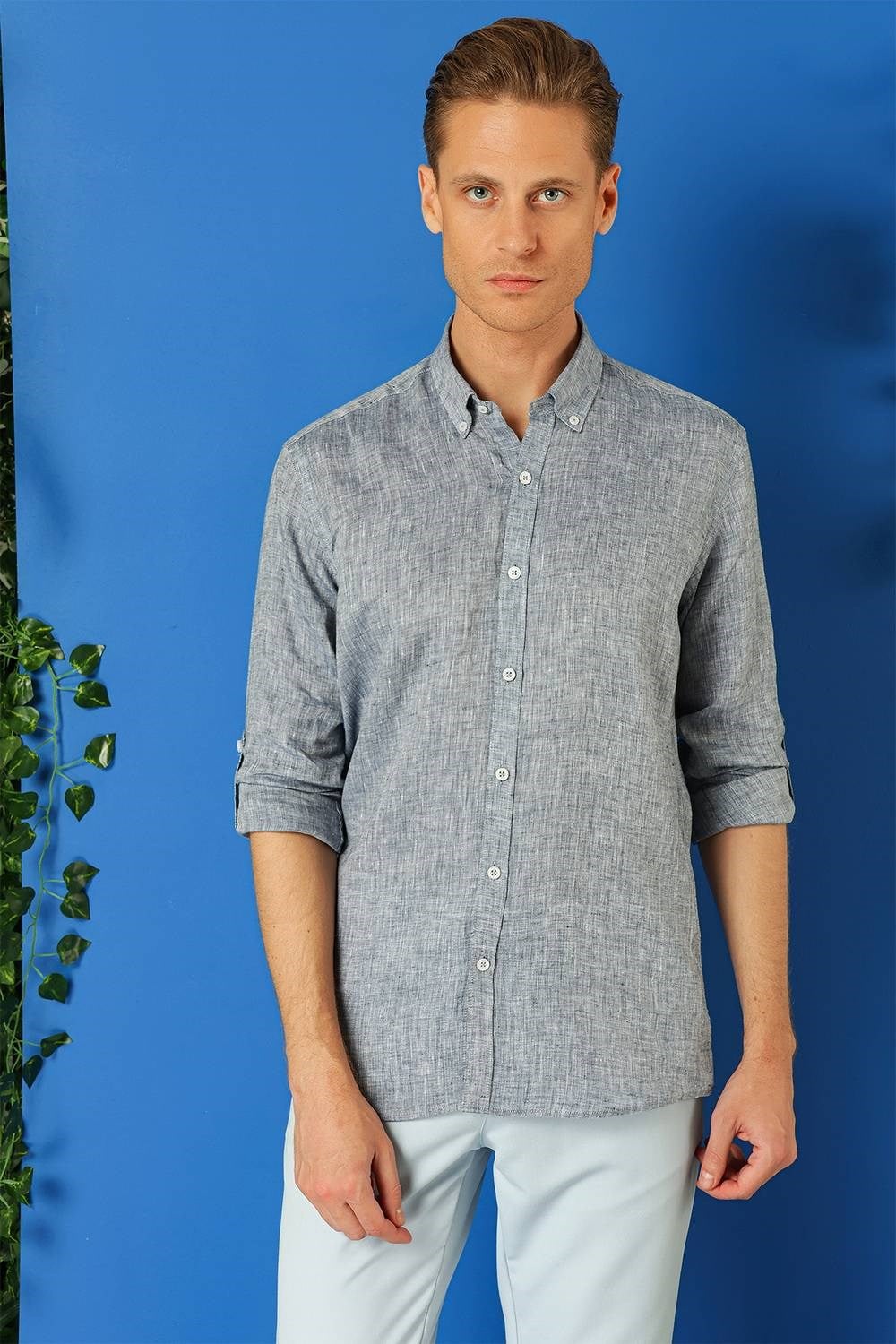 Comfort Fit Düğmeli Yaka %100 Keten Apoletli Casual Lacivert Gömlek G 1564