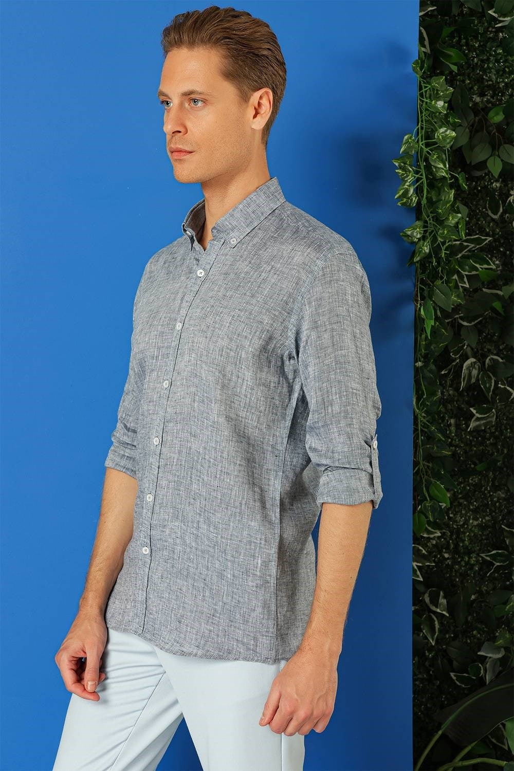 Comfort Fit Düğmeli Yaka %100 Keten Apoletli Casual Lacivert Gömlek G 1564