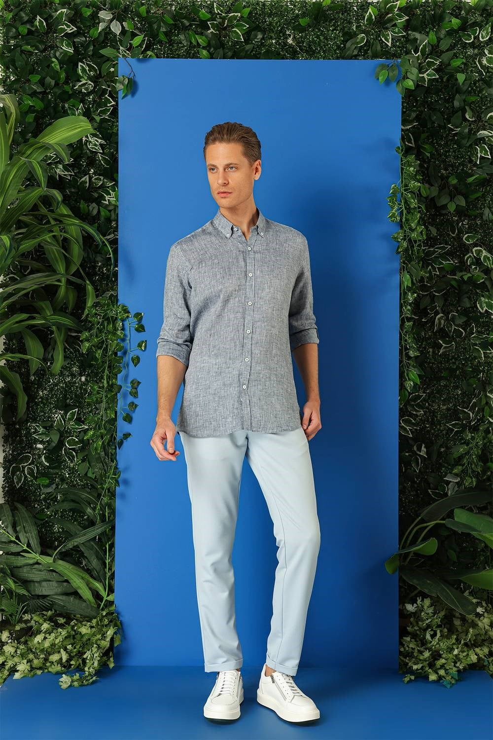 Comfort Fit Düğmeli Yaka %100 Keten Apoletli Casual Lacivert Gömlek G 1564
