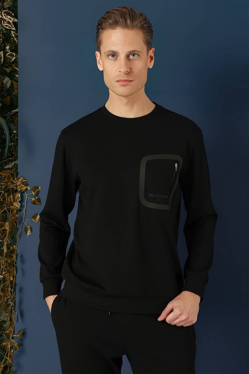 Comfort Fit Esnek %100 Pamuk Bisiklet Yaka Siyah Sweatshirt TS 874