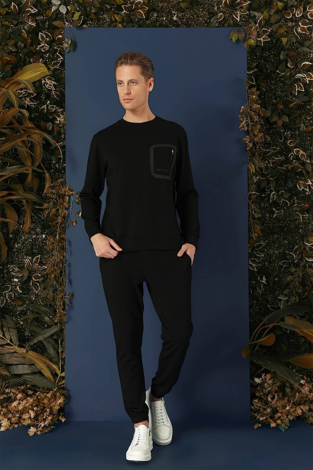 Comfort Fit Esnek %100 Pamuk Bisiklet Yaka Siyah Sweatshirt TS 874