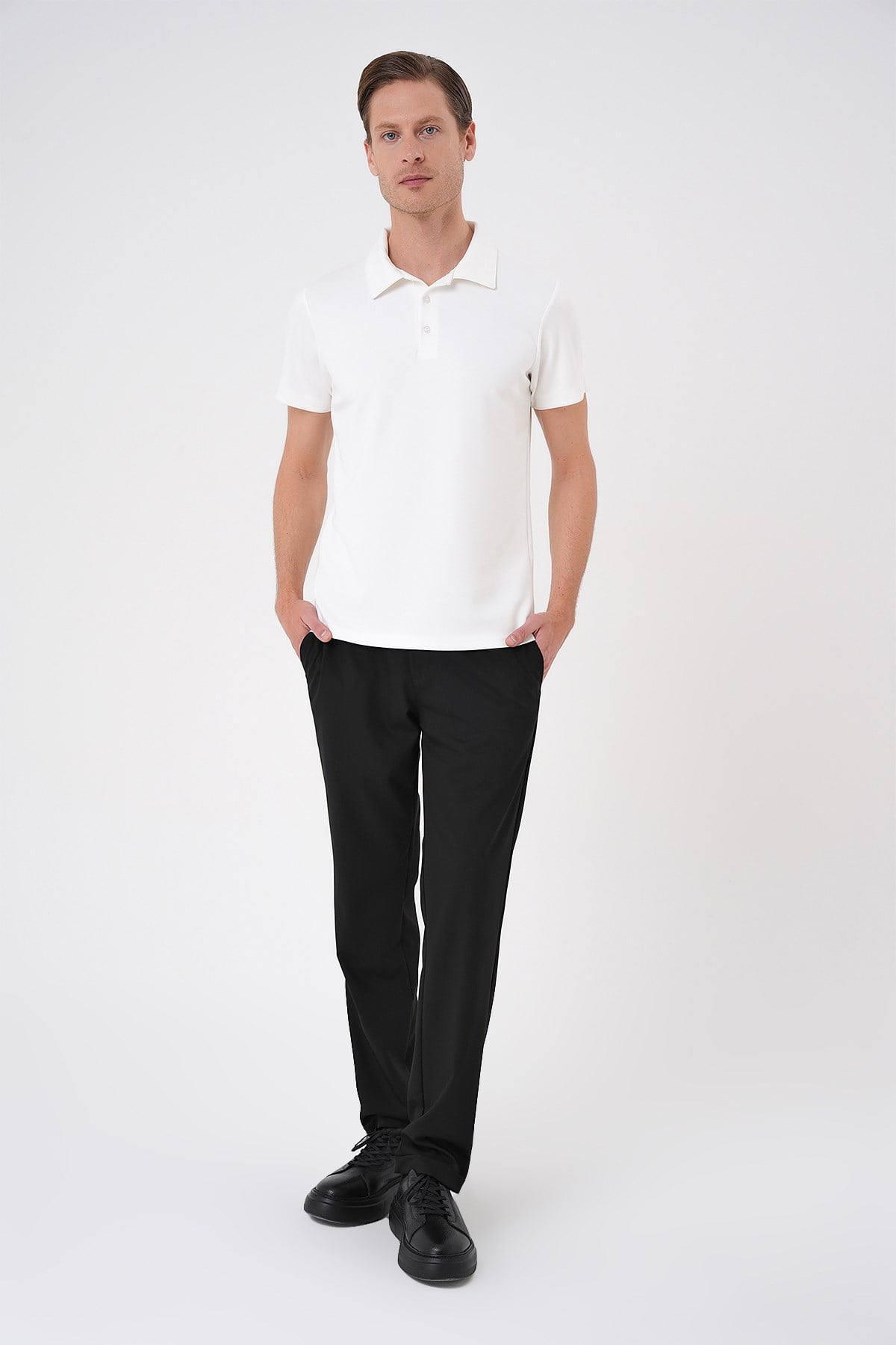 Comfort Fit Esnek Pamuk Düğmeli Ekru Polo Yaka Tişört Ts 886