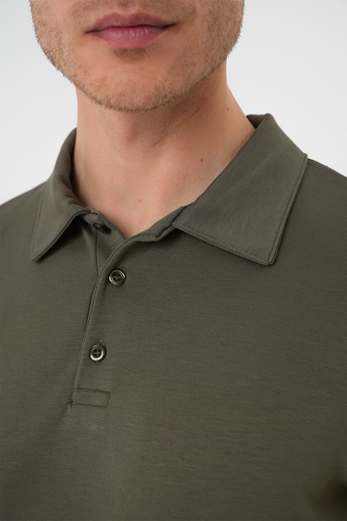 Comfort Fit Esnek Pamuk Düğmeli Haki Polo Yaka Tişört Ts 886