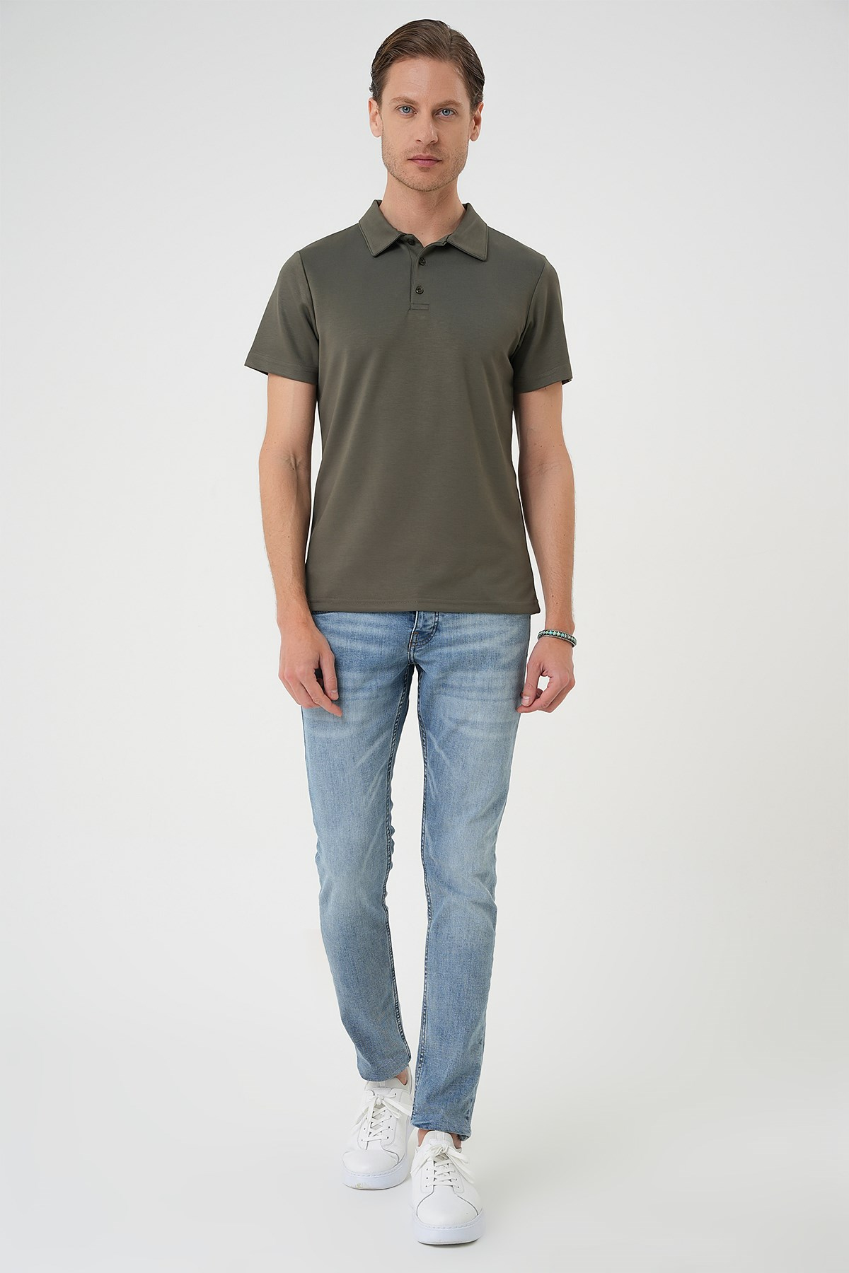 Comfort Fit Esnek Pamuk Düğmeli Haki Polo Yaka Tişört Ts 886