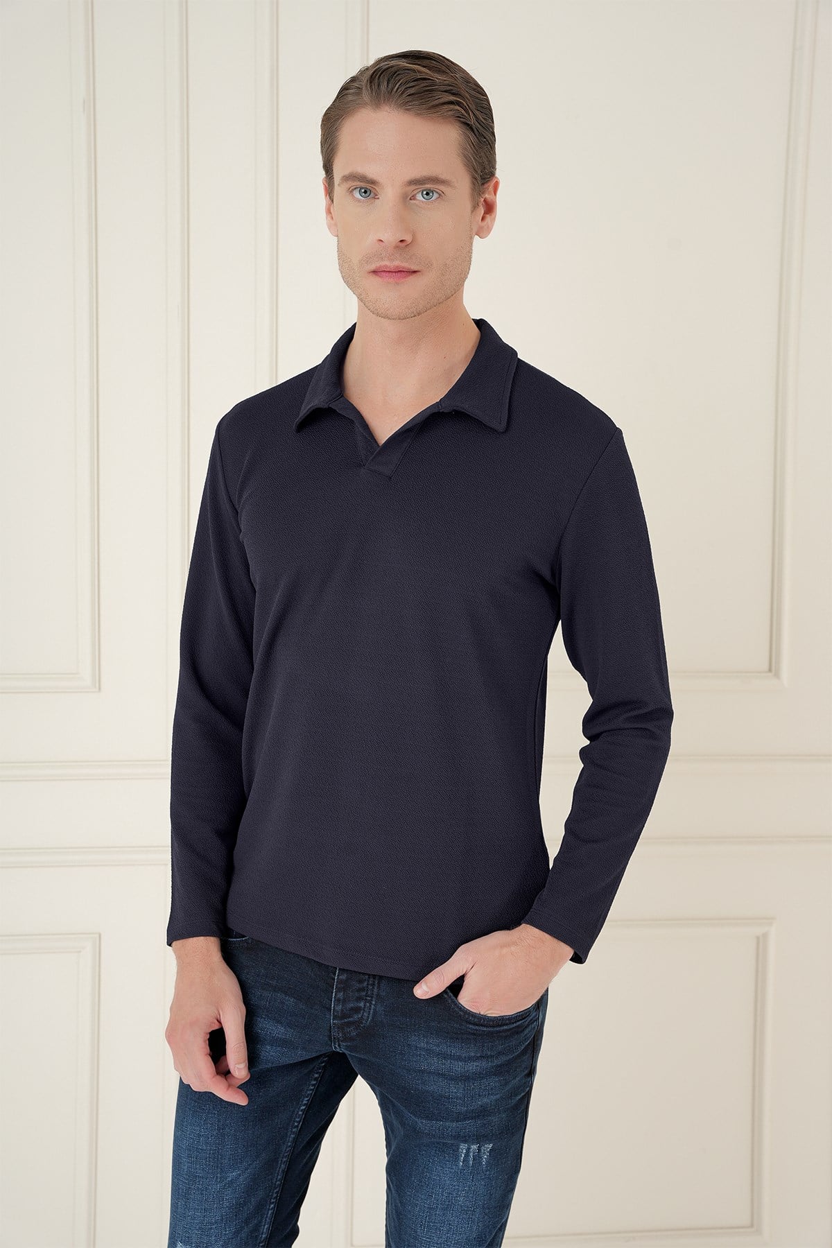 Comfort Fit Esnek Pamuklu Gofre Kumaş Lacivert Apaş Yaka Tişört Ts 890