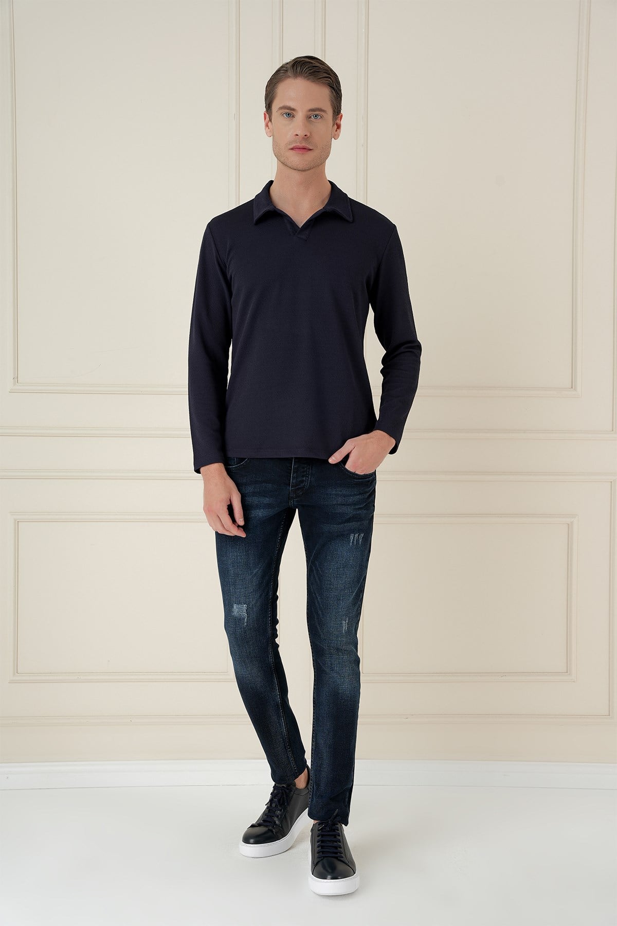 Comfort Fit Esnek Pamuklu Gofre Kumaş Lacivert Apaş Yaka Tişört Ts 890