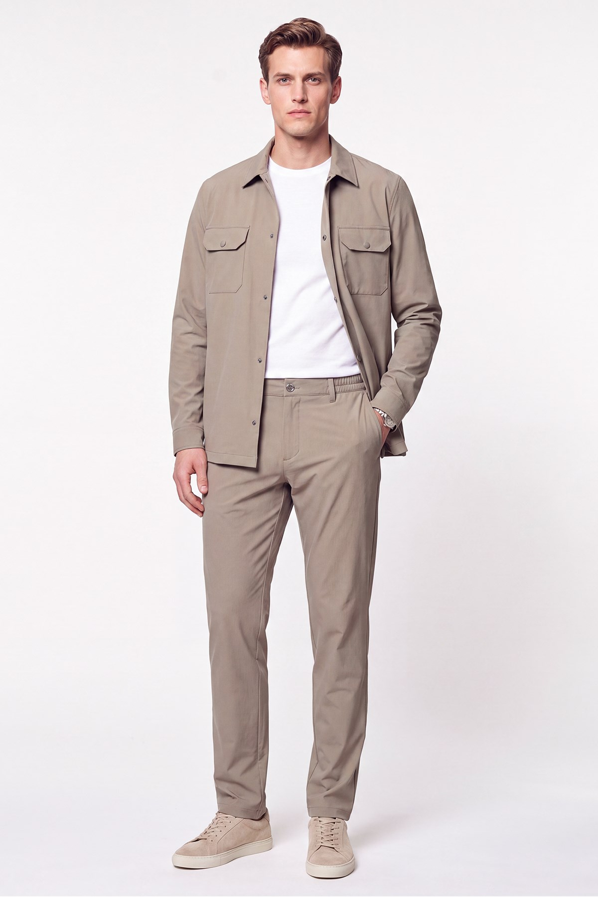Comfort Fit Esnek Pamuklu Yan Cep Bej Jogger Pantıolon P 1220