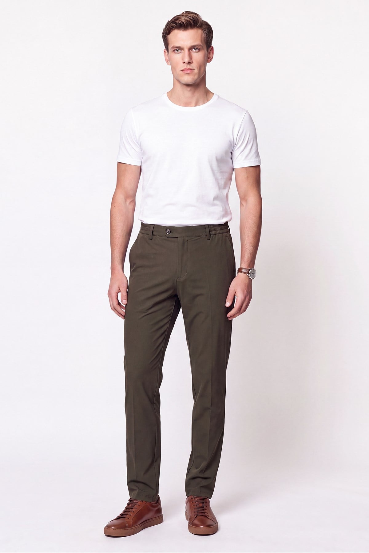 Comfort Fit Esnek Pamuklu Yan Cep Haki Jogger Pantıolon P 1220