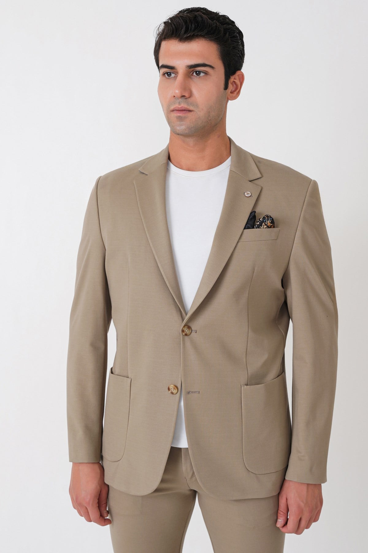 Comfort Fit Esnek Rayon Pamuk Karışım Torba Cepli Bej Blazer Ceket C 744