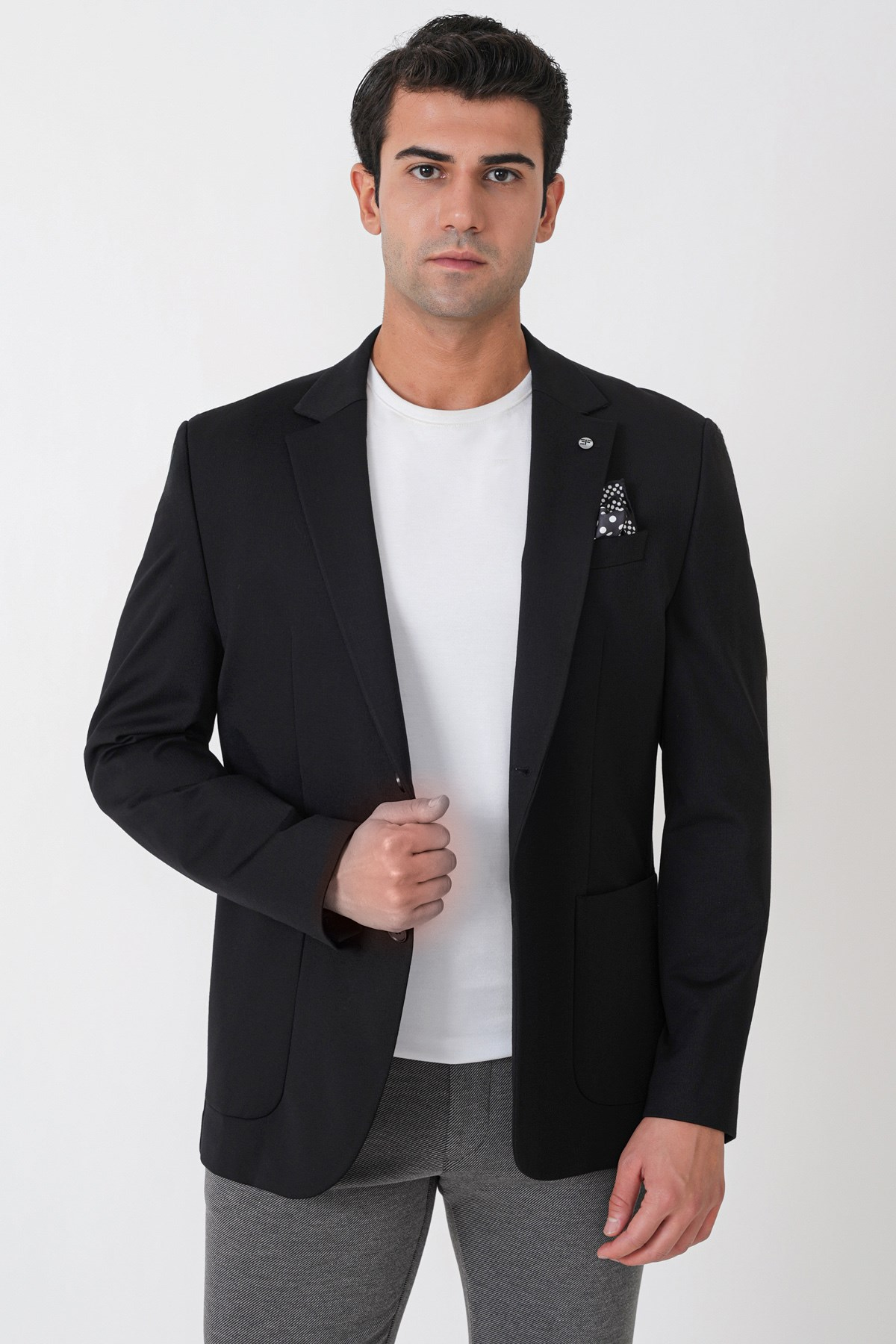 Comfort Fit Esnek Rayon Pamuk Karışım Torba Cepli Siyah Blazer Ceket C 744