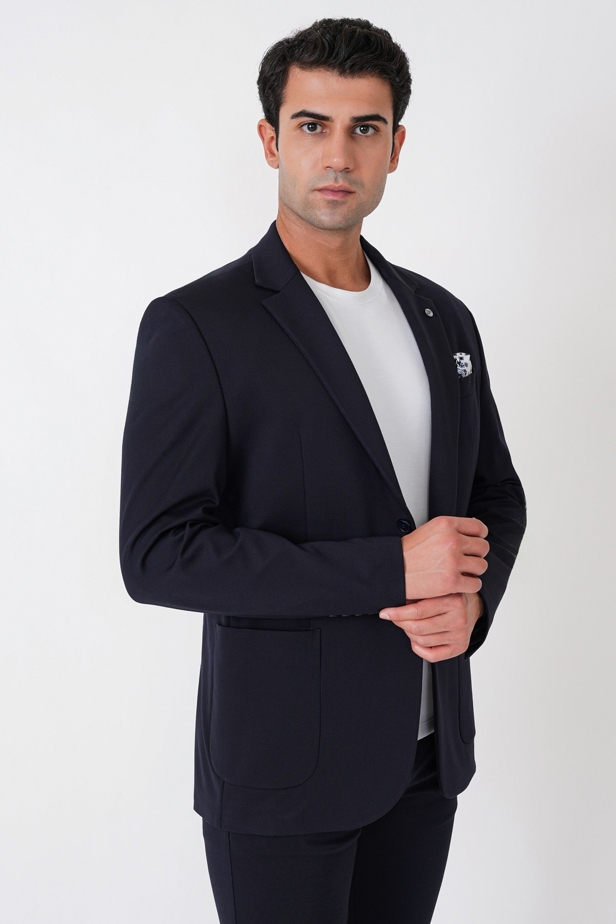 Comfort Fit Esnek Rayon Pamuk Karışım Torba Cepli Lacivert Blazer Ceket C 744