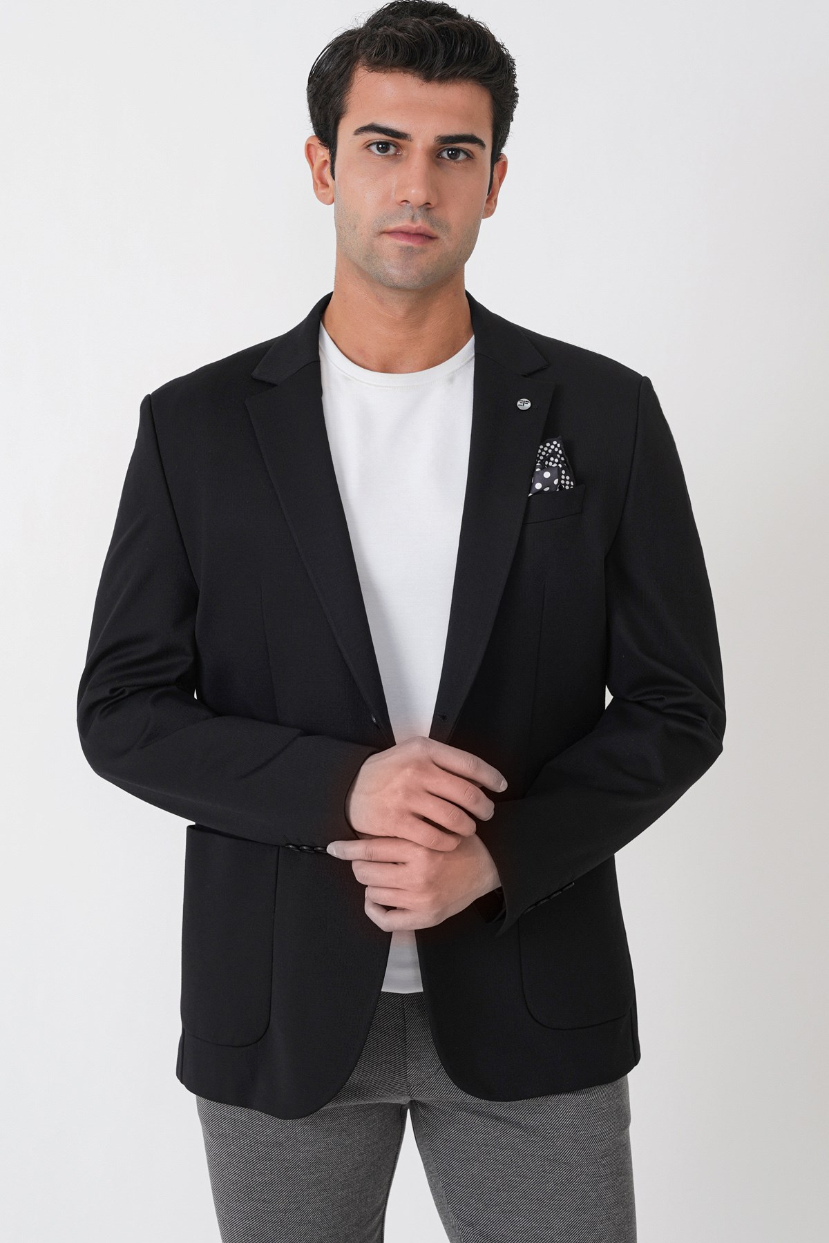 Comfort Fit Esnek Rayon Pamuk Karışım Torba Cepli Siyah Blazer Ceket C 744