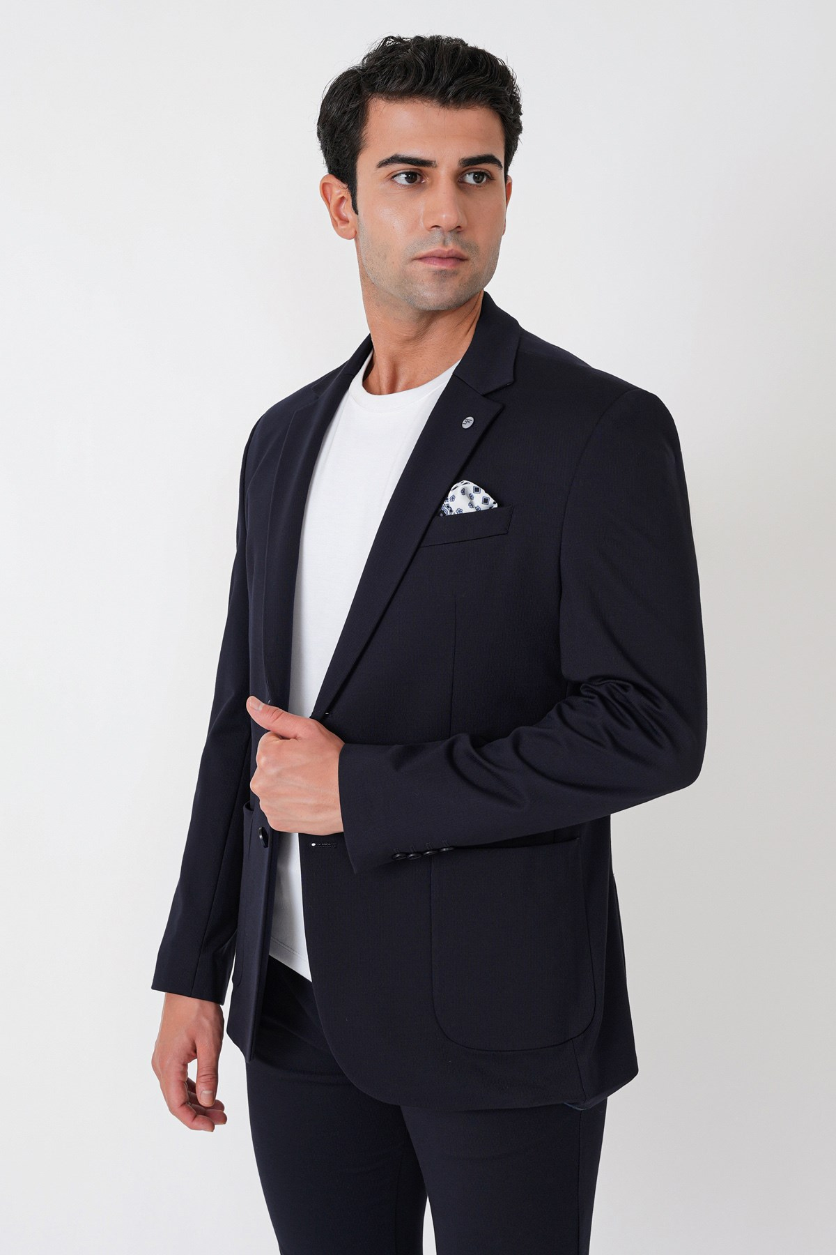 Comfort Fit Esnek Rayon Pamuk Karışım Torba Cepli Lacivert Blazer Ceket C 744
