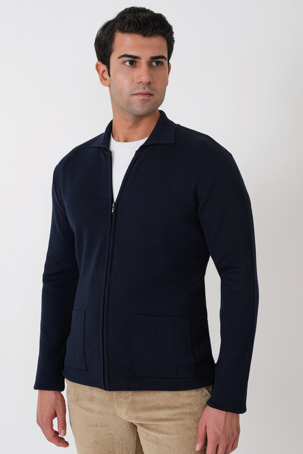 Comfort Fit Fermuarlı Torba Cepli Yünlü Lacivert Hırka TR 896
