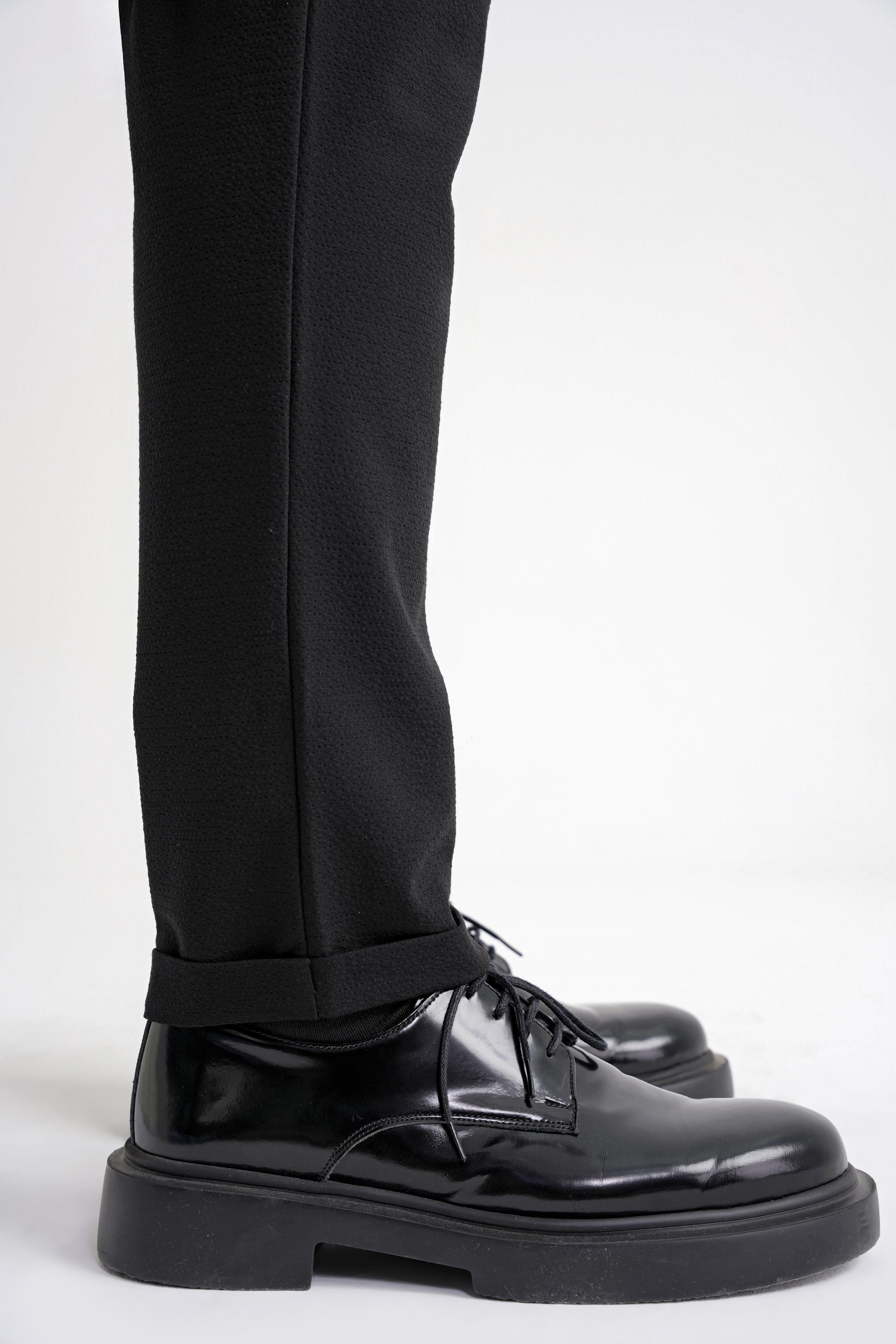 Comfort Fit Gofre Dokulu Beli Lastikli Pileli Siyah-1 Jogger Pantolon P 1174