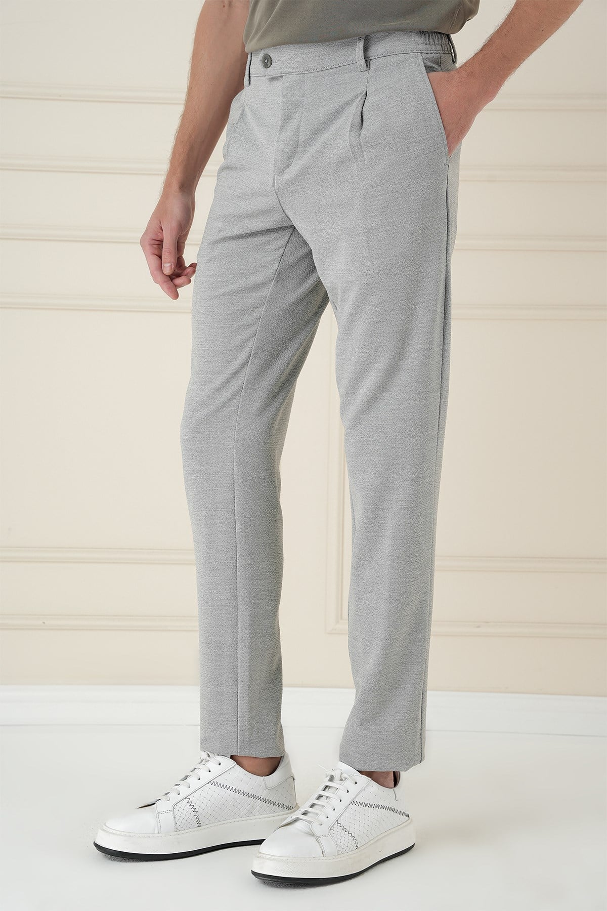 Comfort Fit Gofre Dokulu Beli Lastikli Pileli Gri Jogger Pantolon P 1174